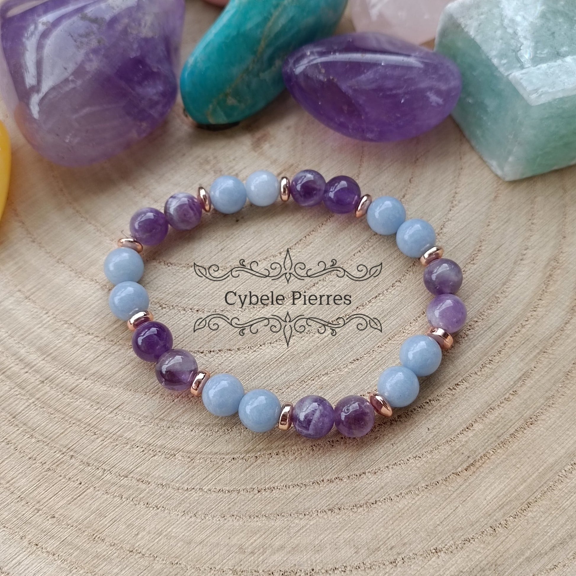 Bracelet enfant Douceur sauvage : Angélite et Améthyste (6 mm) - 15cm - Cybele Pierres