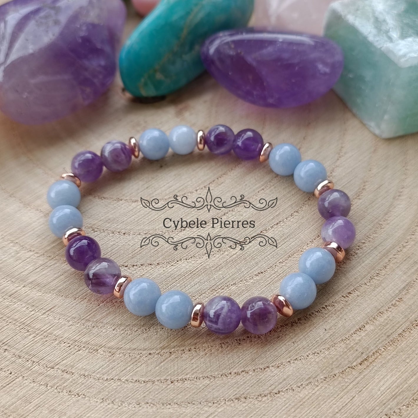 Bracelet enfant Douceur sauvage : Angélite et Améthyste (6 mm) - 15cm - Cybele Pierres