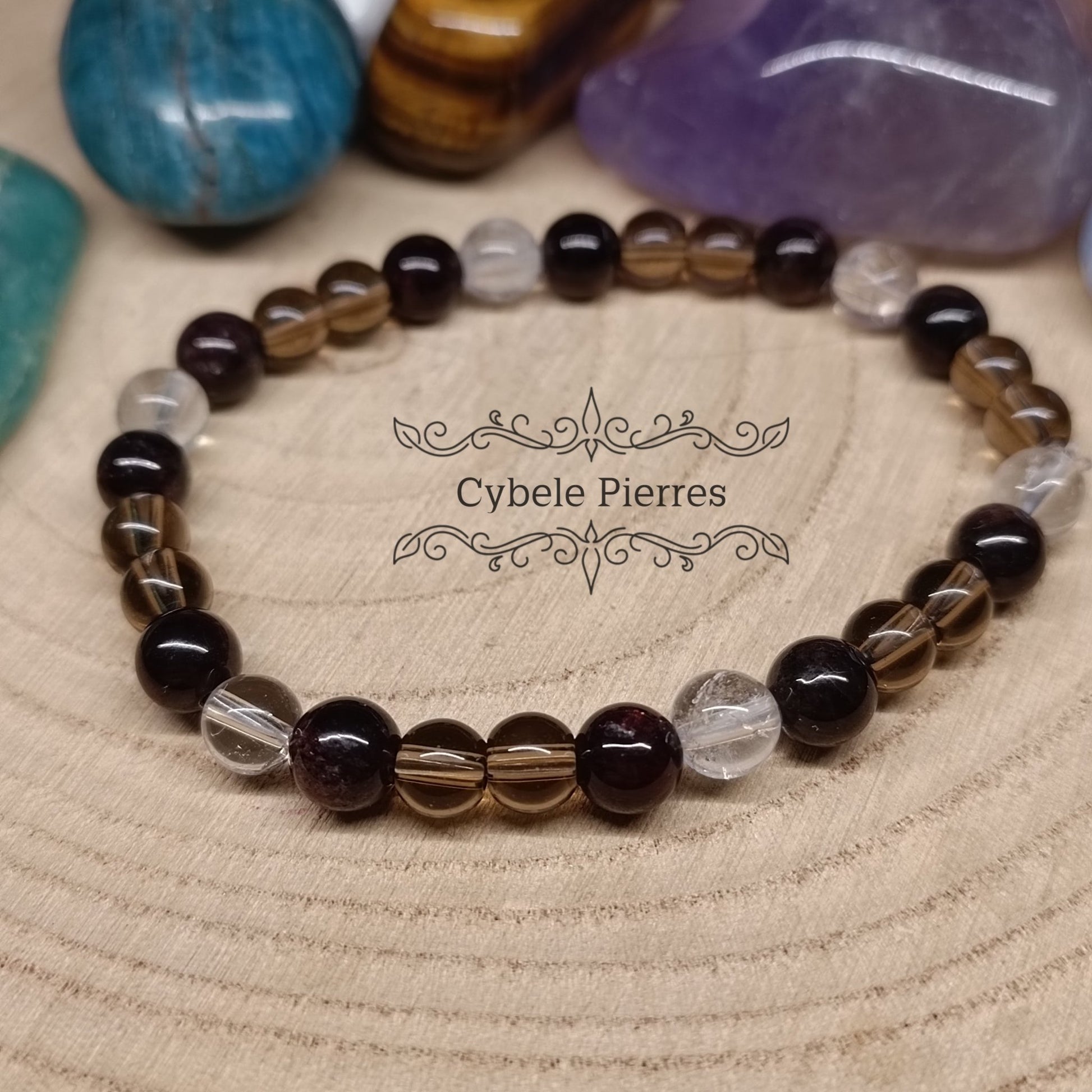 Bracelet Equilibre et énergie - Grenat, Quartz fumé et Cristal de roche (6mm) - 18cm - Cybele Pierres