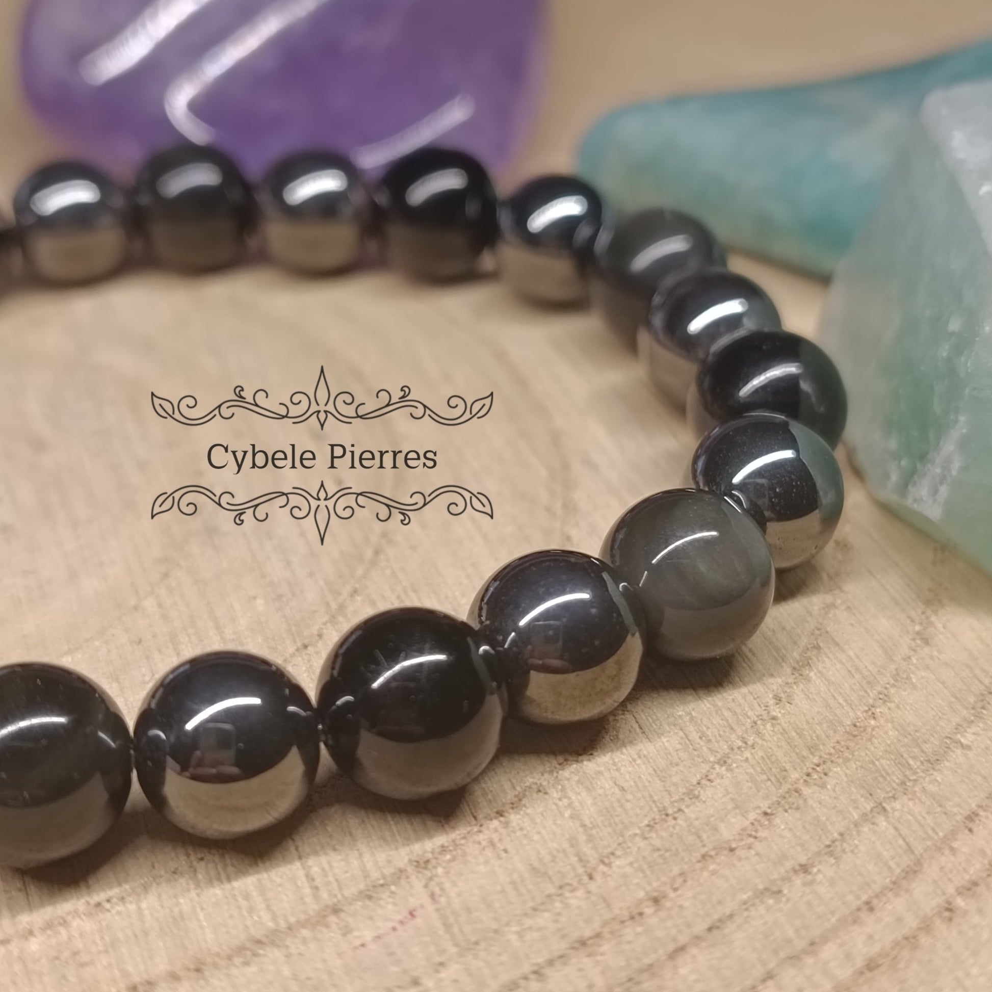 Bracelet Équilibre Silencieux - Hématite, Tourmaline et Obsidienne oeil celeste (8mm) - 20cm - Cybele Pierres