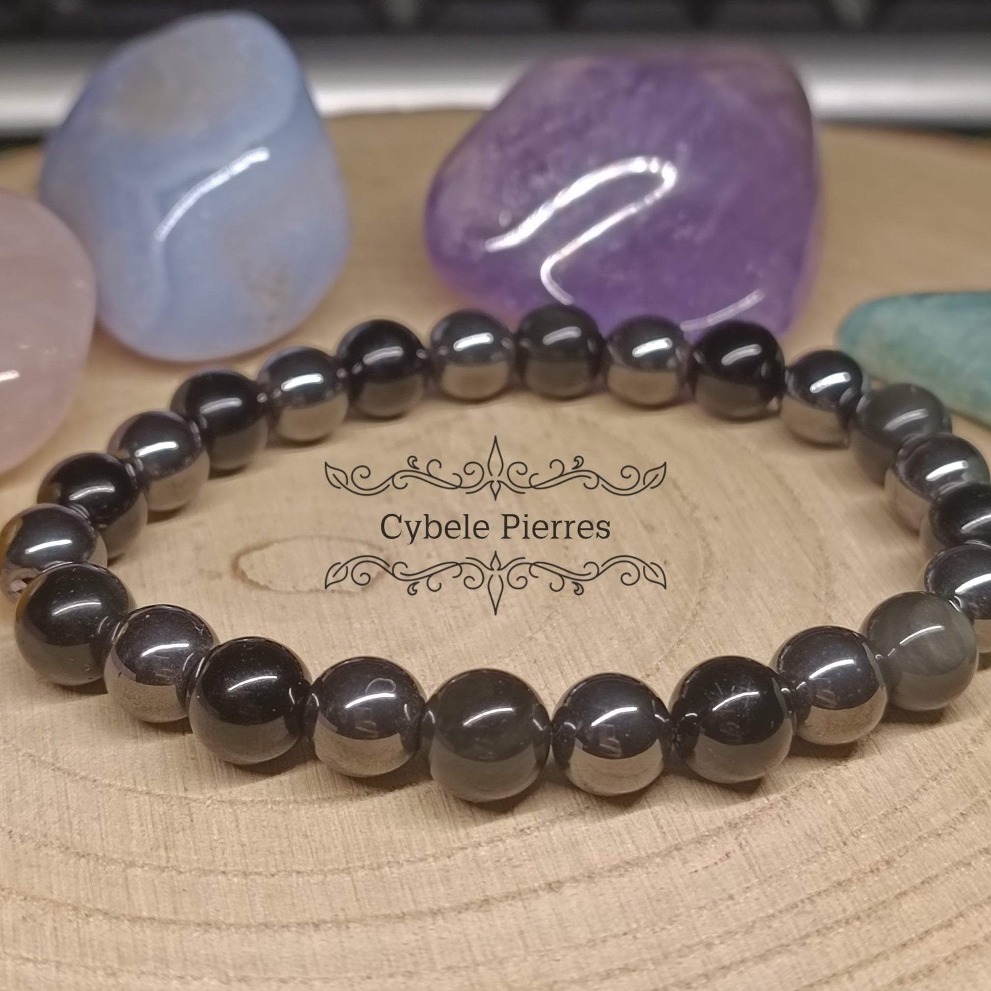 Bracelet Équilibre Silencieux - Hématite, Tourmaline et Obsidienne oeil celeste (8mm) - 20cm - Cybele Pierres