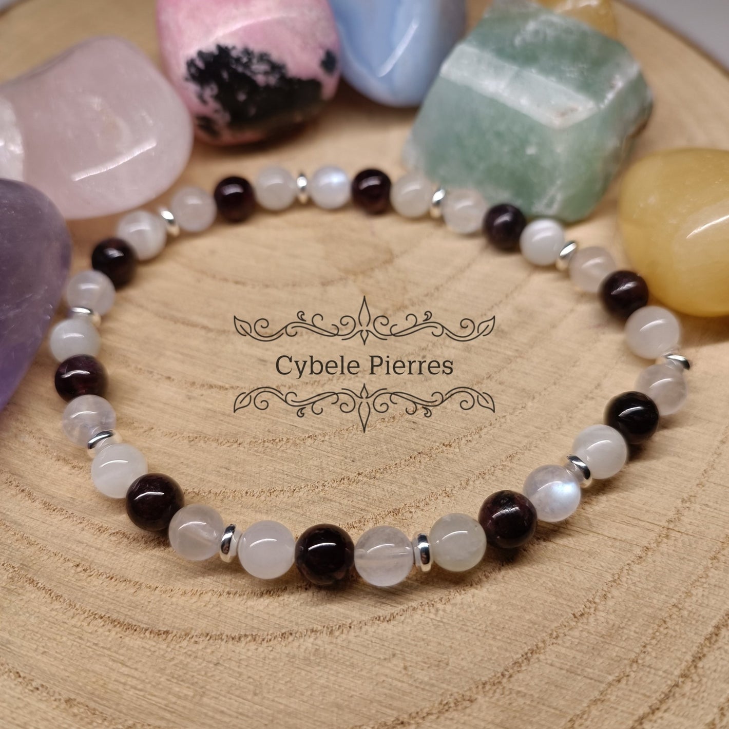 Bracelet Espéranza - Pierre de lune, Péristérite et Grenat (6mm) - 18cm - Cybele Pierres