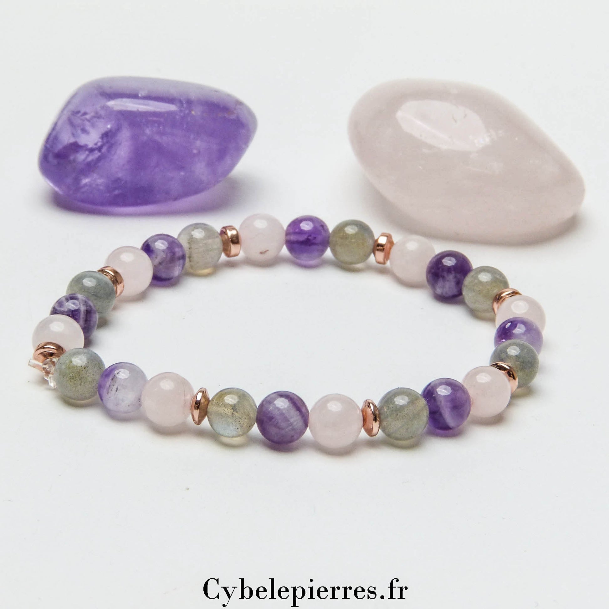 Bracelet Espoir - Labradorite, Quartz rose et Améthyste (6mm) - Cybele Pierres