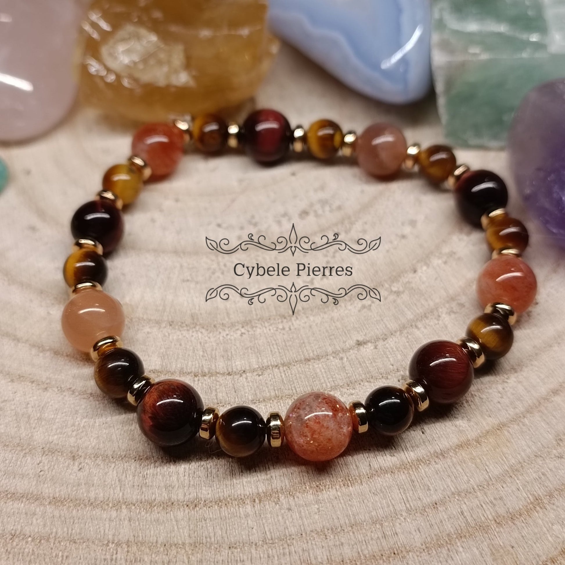 Bracelet Estime et protection - Oeil de taureau, Pierre de Soleil et Oeil de tigre (6 et 8mm) - 19cm - Cybele Pierres