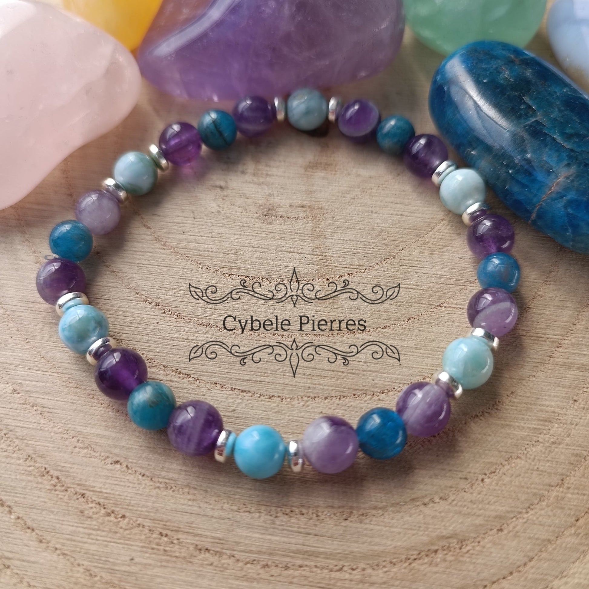 Bracelet Evasion d'été - Améthyste, Apatite bleue et Larimar (6mm) - 18cm - Cybele Pierres