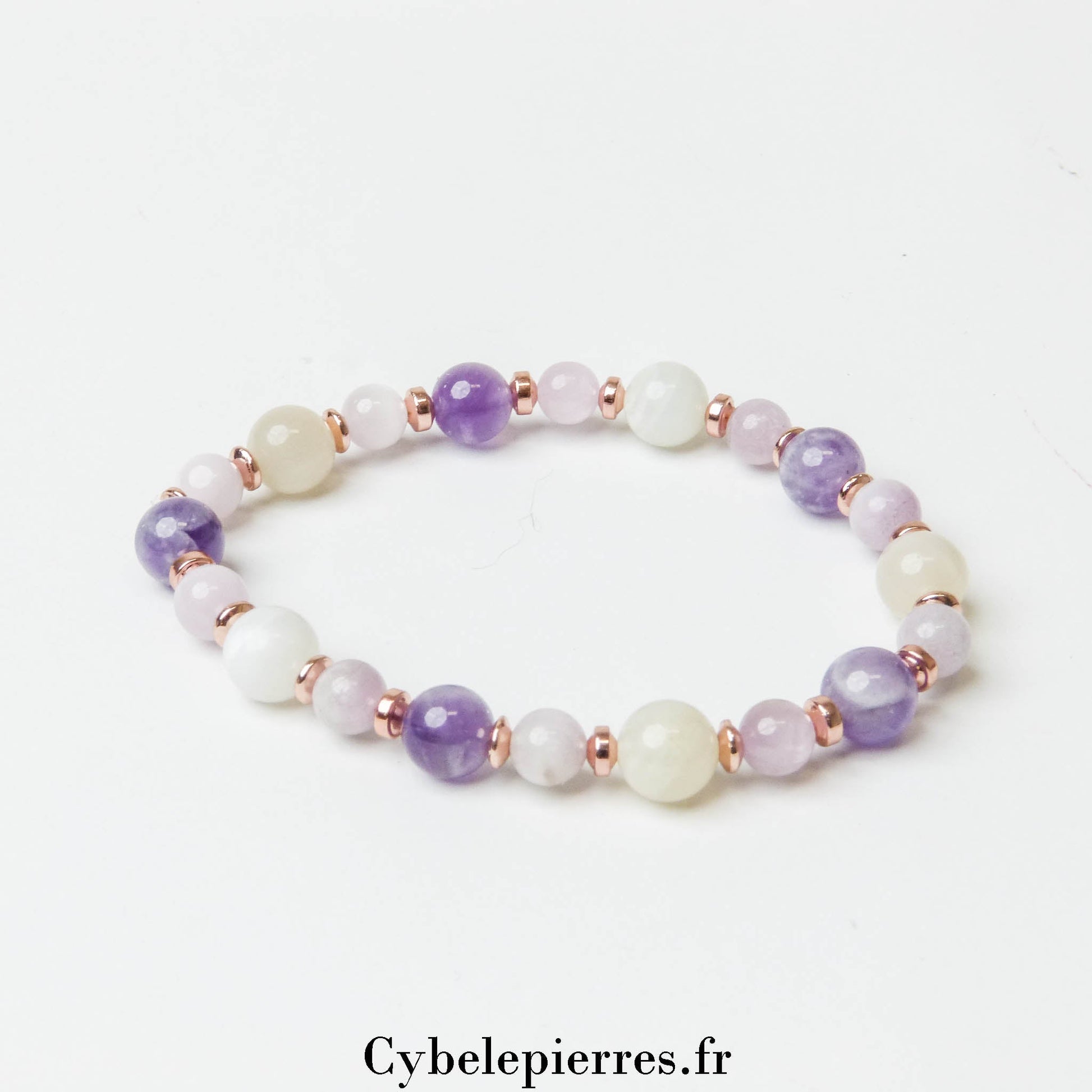Bracelet Éveil du Cœur - Kunzite, Améthyste et Pierre de Lune Blanche (6 et 8mm) - 19cm | Harmonie et Douceur - Cybele Pierres