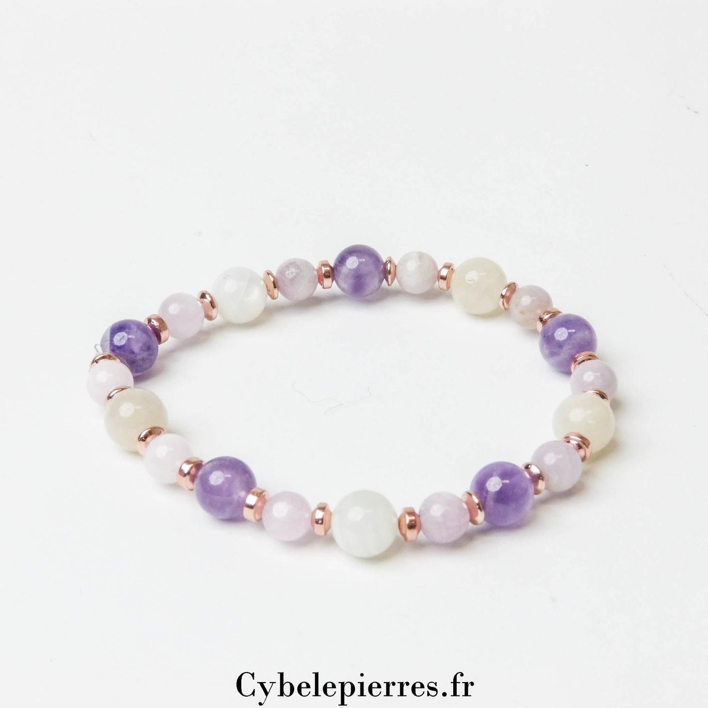 Bracelet Éveil du Cœur - Kunzite, Améthyste et Pierre de Lune Blanche (6 et 8mm) - 19cm | Harmonie et Douceur - Cybele Pierres