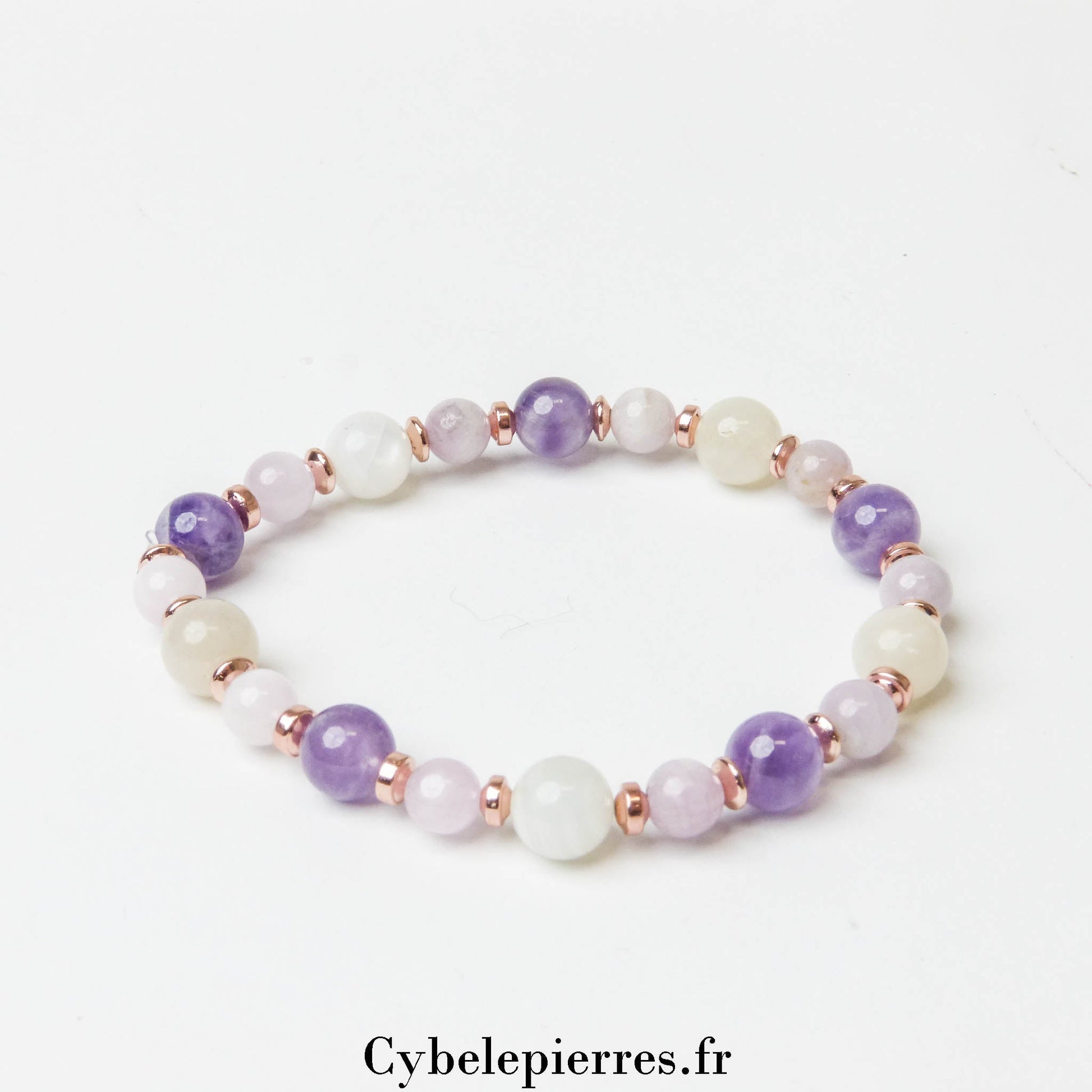 Bracelet Éveil du Cœur - Kunzite, Améthyste et Pierre de Lune Blanche (6 et 8mm) - 19cm | Harmonie et Douceur - Cybele Pierres