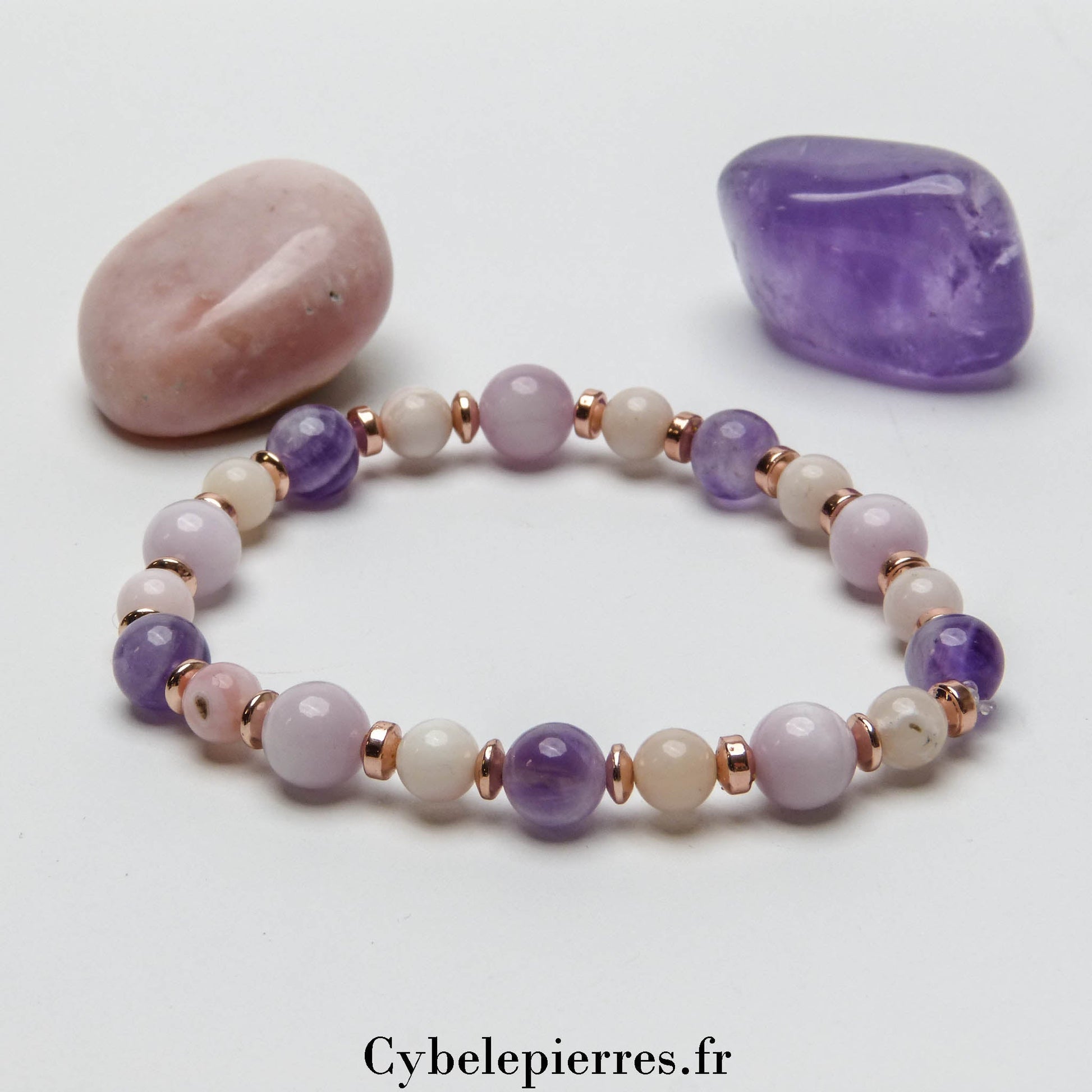 Bracelet Éveil Spirituel – Kunzite, Opale Rose et Améthyste (6 - 8mm) – 19 cm | Sérénité et Intuition - Cybele Pierres