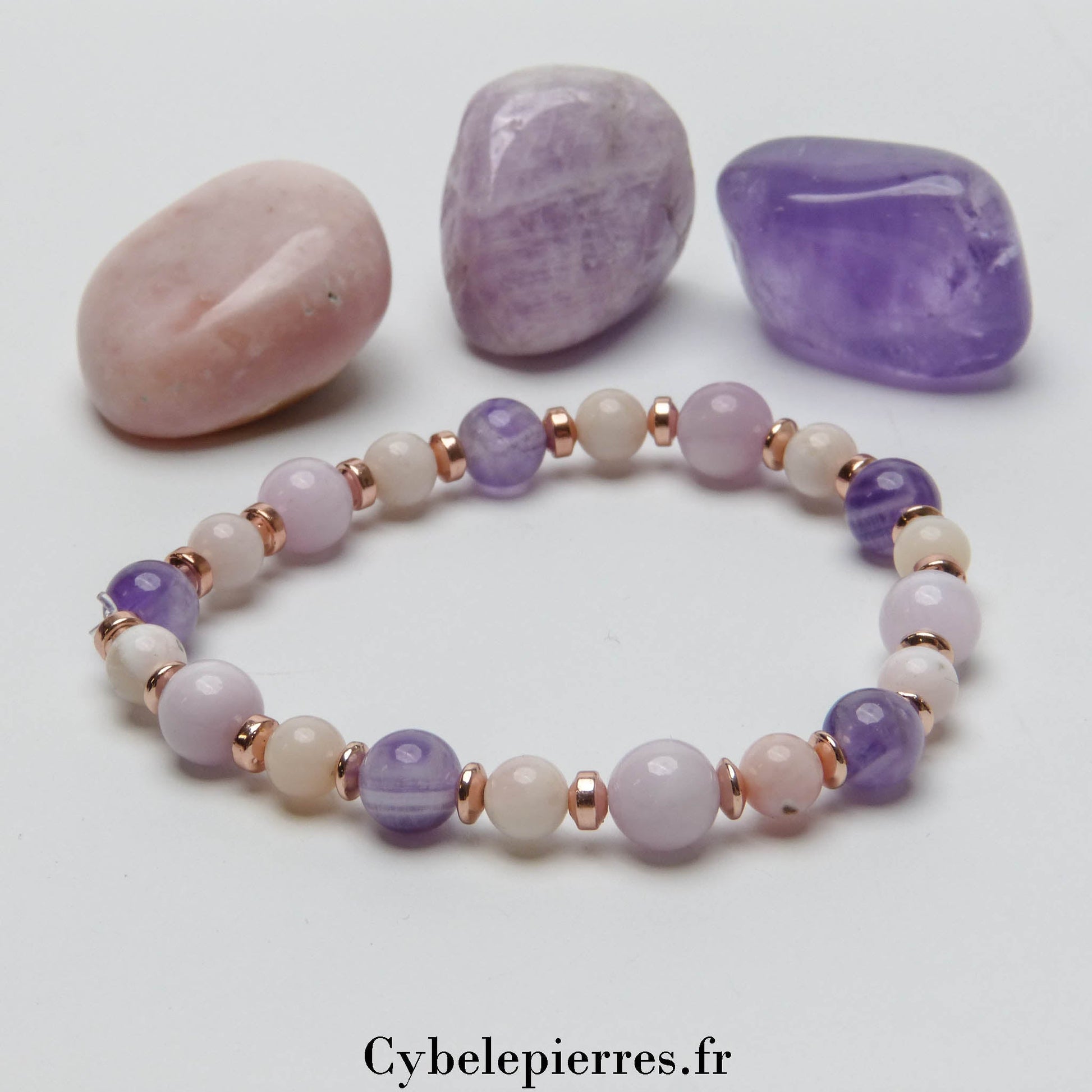 Bracelet Éveil Spirituel – Kunzite, Opale Rose et Améthyste (6 - 8mm) – 19 cm | Sérénité et Intuition - Cybele Pierres