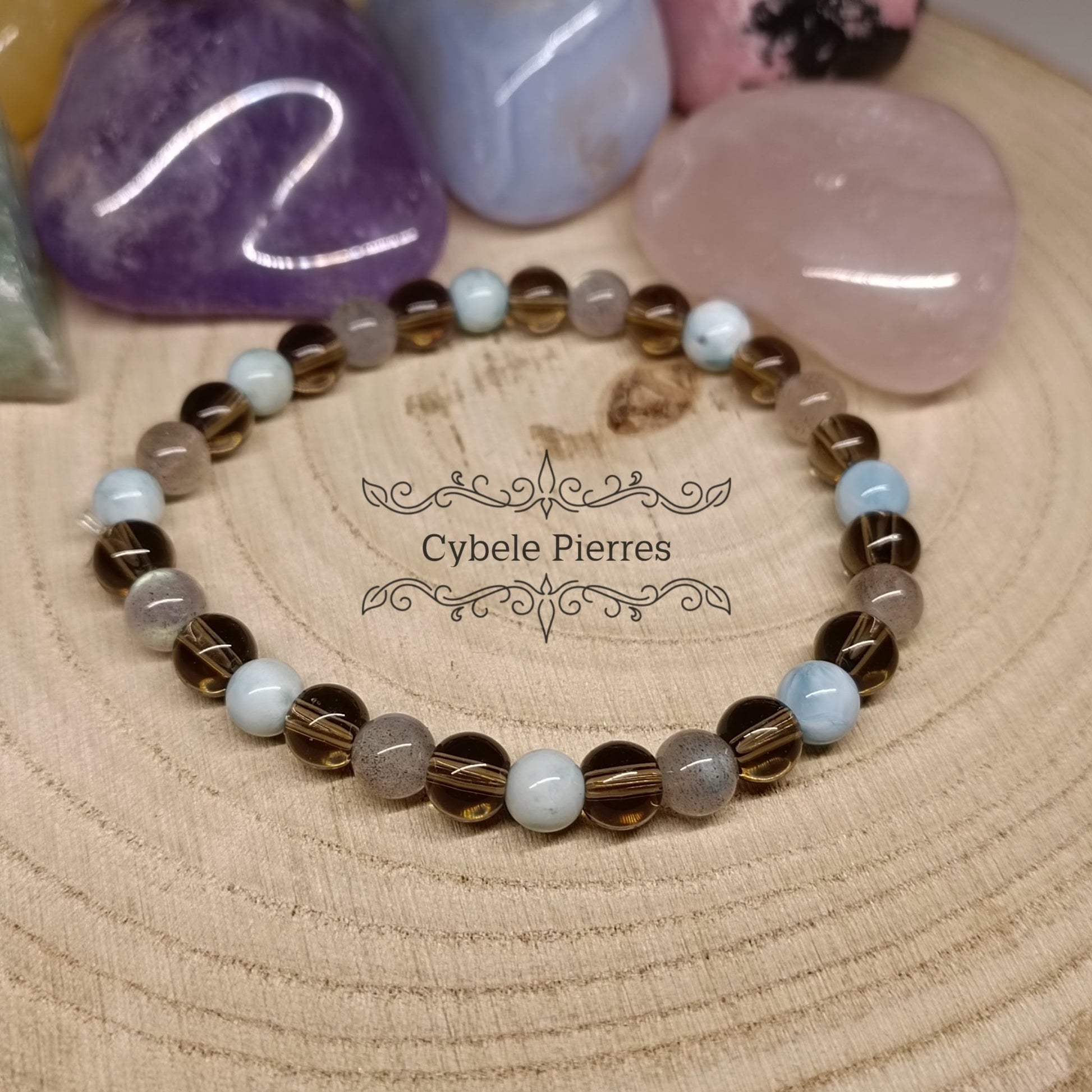 Bracelet Focus - Quartz fumé, Larimar & Labradorite (6mm) - 17cm - Cybele Pierres