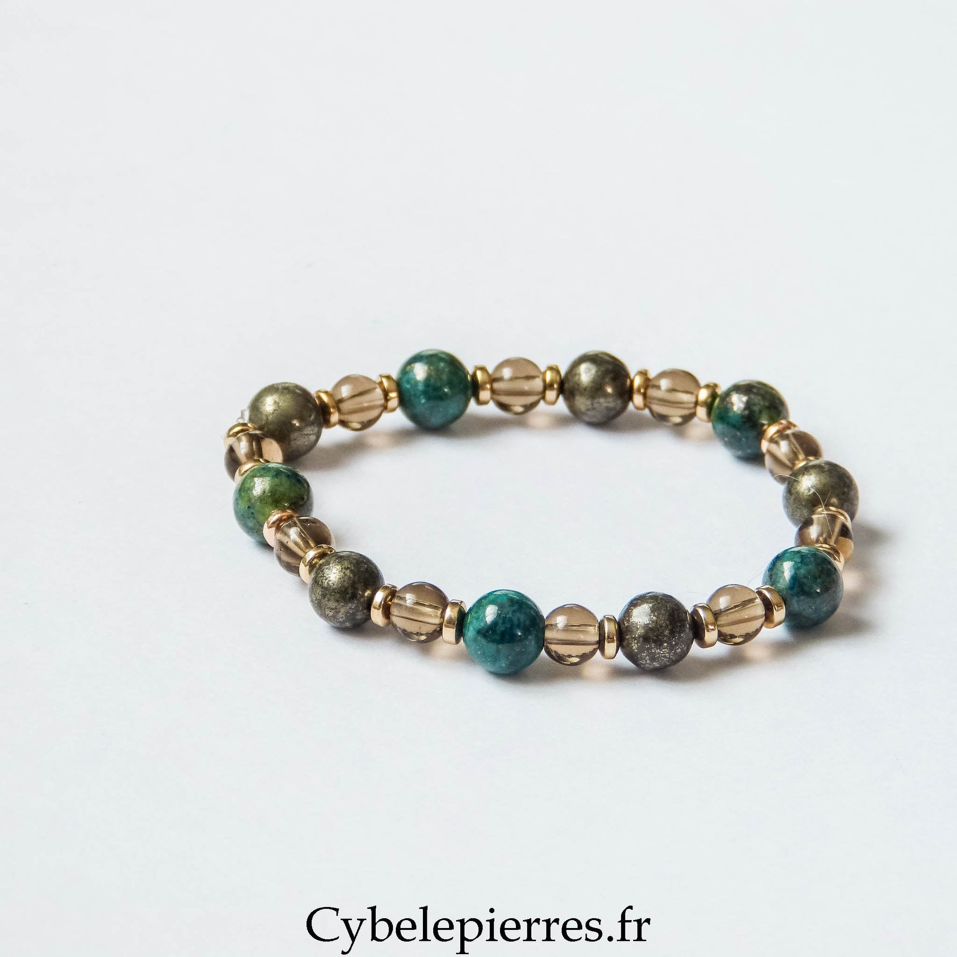 Bracelet Force de la Nature – Azurite - Malachite, Quartz fumé et Pyrite (6 et 8 mm) – 18 cm | Ancrage, énergie et protection - Cybele Pierres
