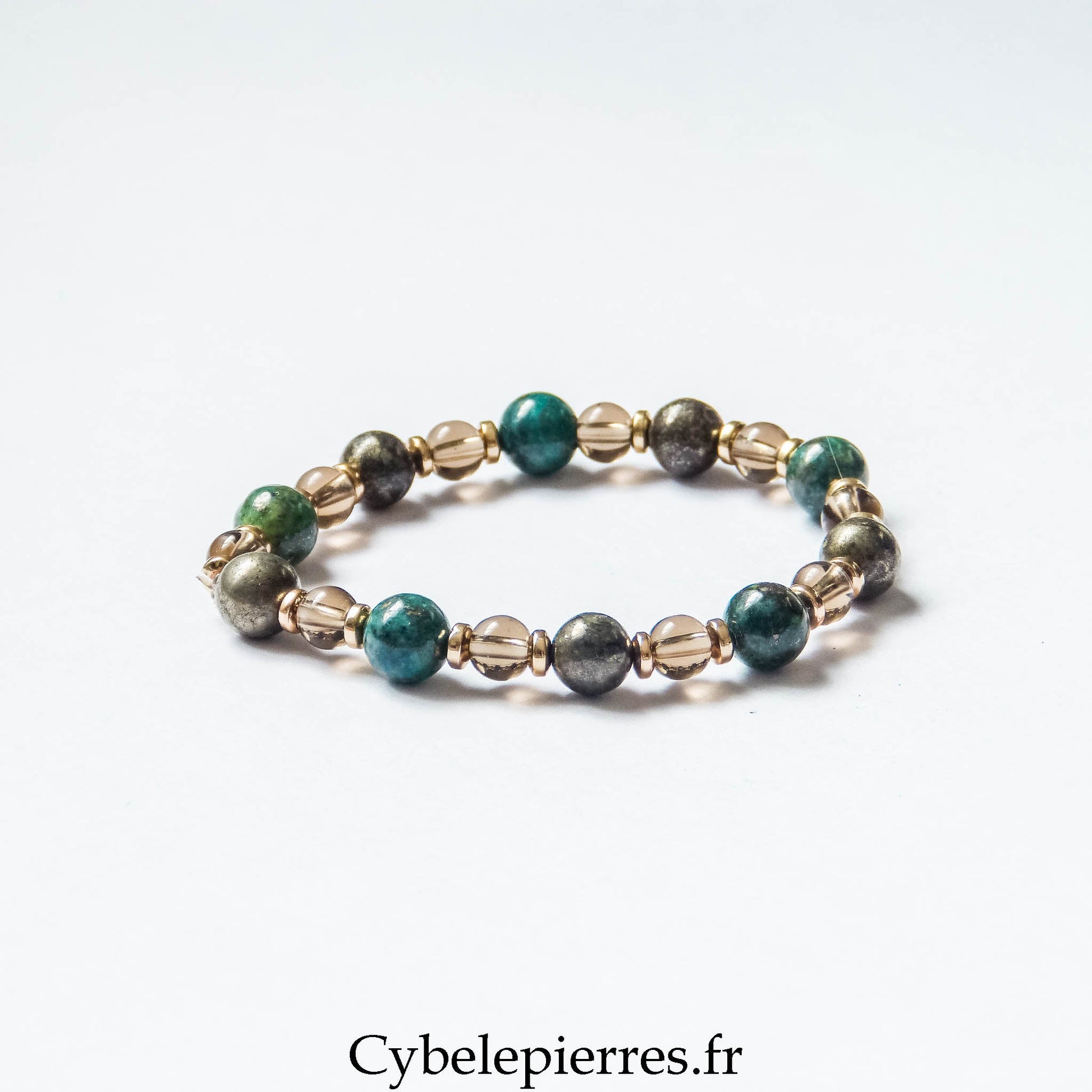 Bracelet Force de la Nature – Azurite - Malachite, Quartz fumé et Pyrite (6 et 8 mm) – 18 cm | Ancrage, énergie et protection - Cybele Pierres