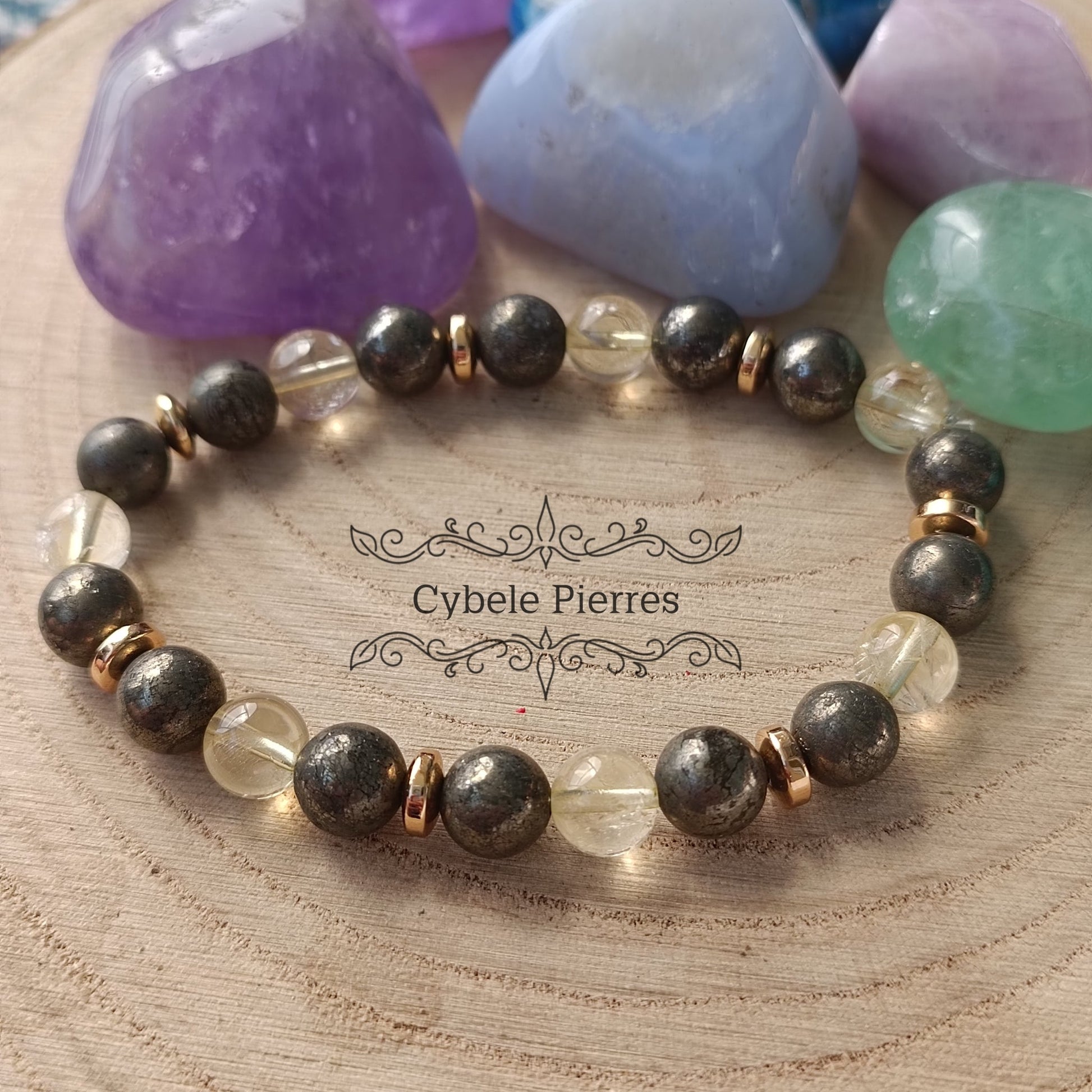Bracelet Fortune et Chance - Citrine et Pyrite (8mm) - 19cm - Cybele Pierres