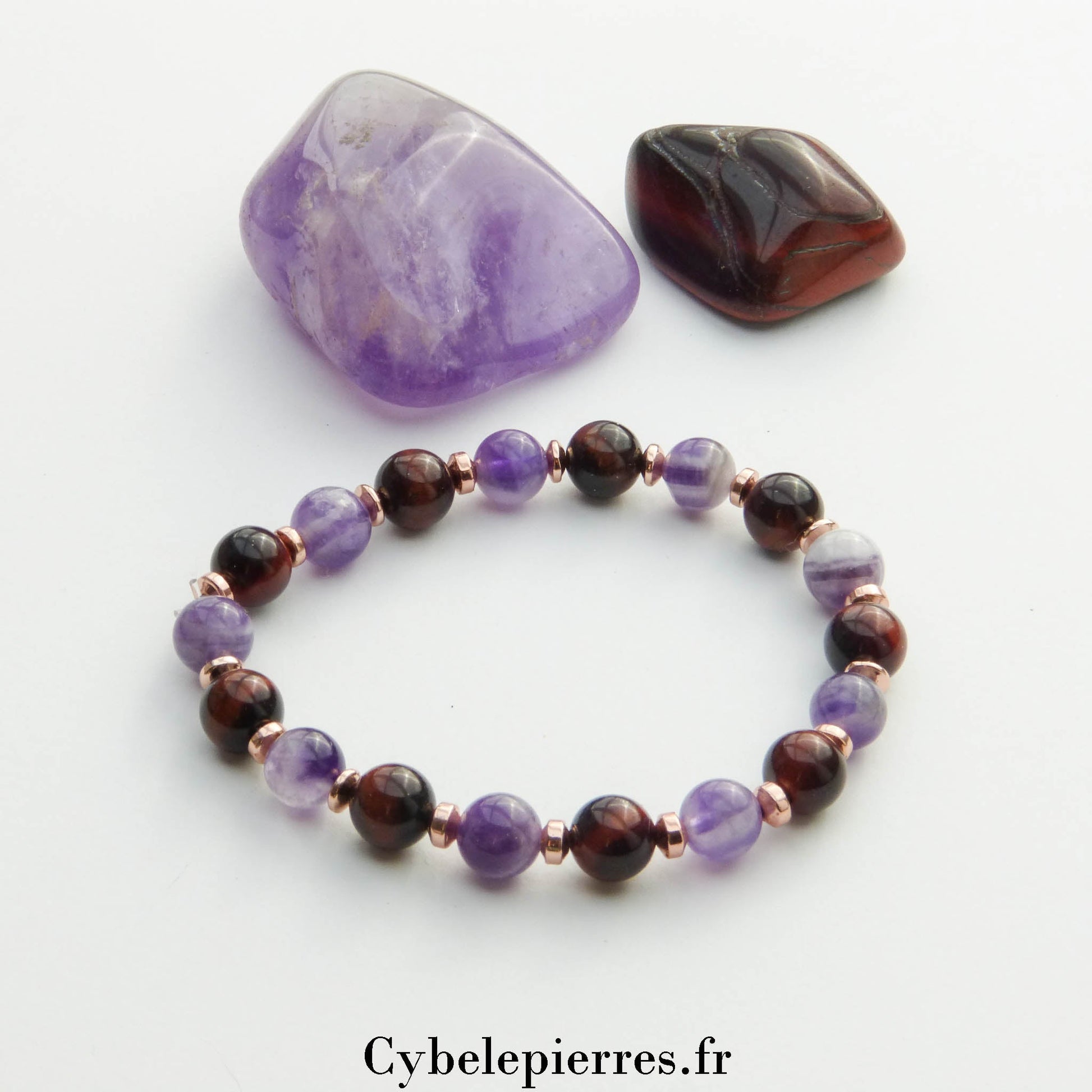 Bracelet Geb - Œil de Taureau et Améthyste (8mm) - 18cm | Protection et Équilibre - Cybele Pierres