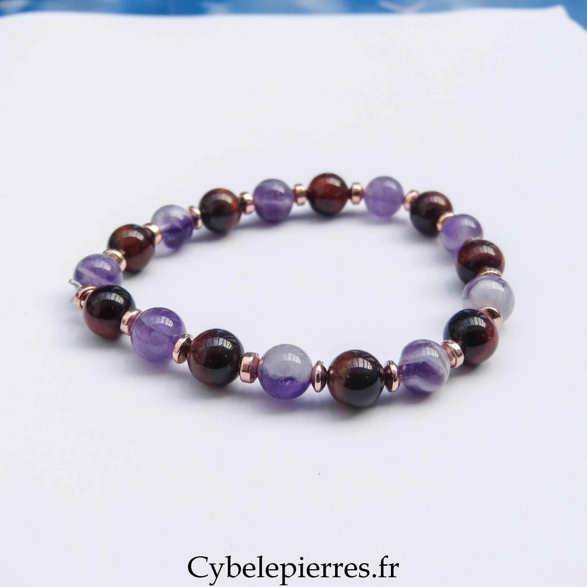 Bracelet Geb - Œil de Taureau et Améthyste (8mm) - 18cm | Protection et Équilibre - Cybele Pierres