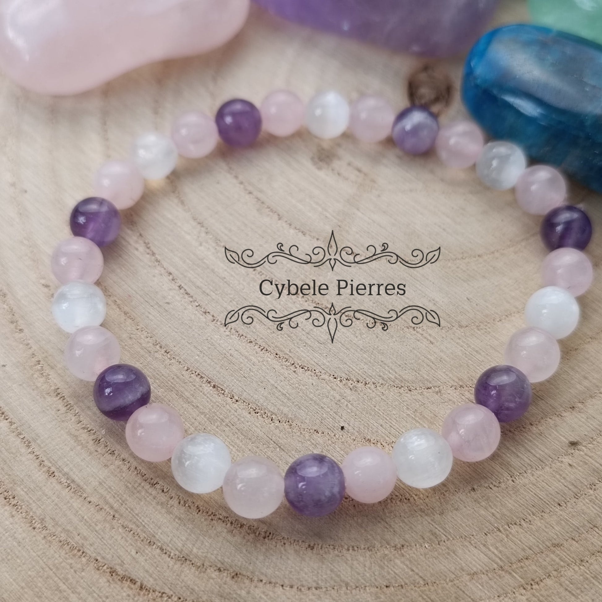 Bracelet Guerrière - Sélénite, Quartz rose et Améthyste (6mm) - 18cm - Cybele Pierres