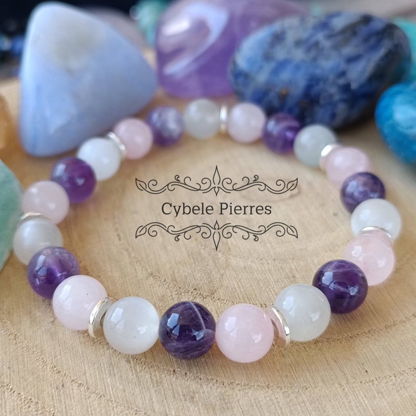 Bracelet Harmonie paisible - Quartz rose, Améthyste et Pierre de Lune blanche (8mm) - 18cm - Cybele Pierres