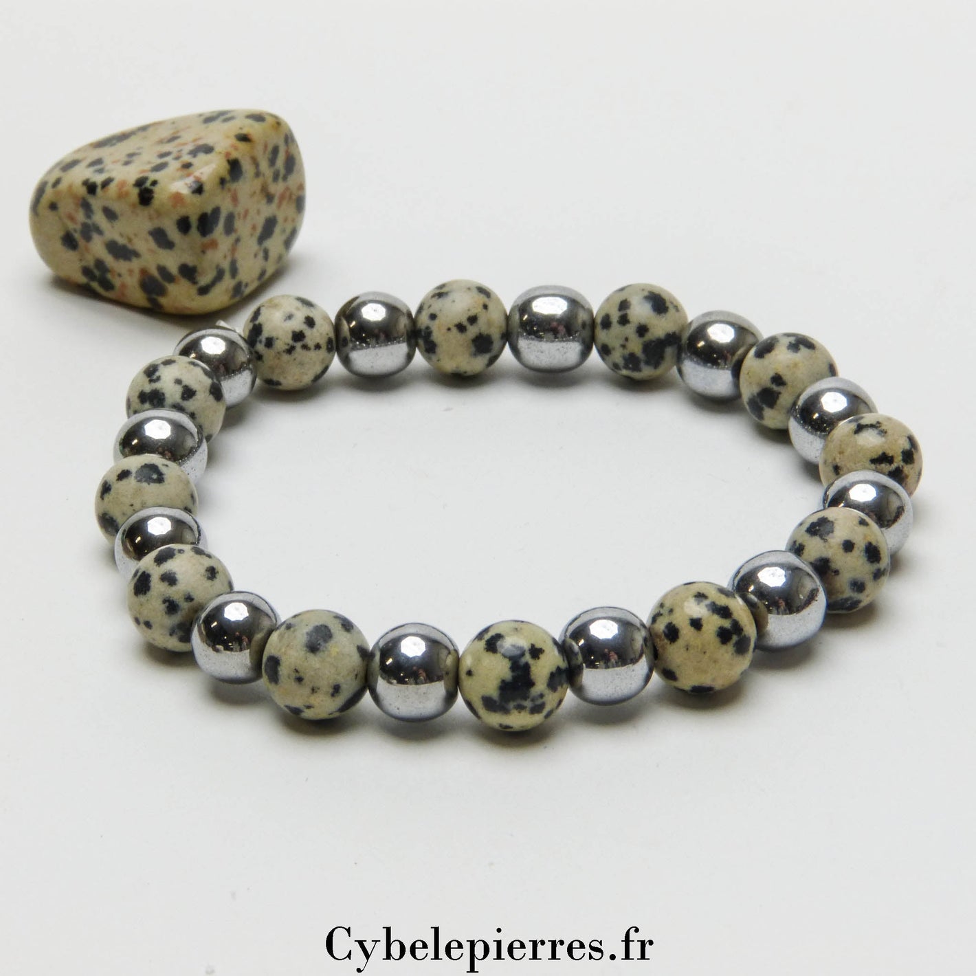 Bracelet Hématite teintée et Jaspe Dalmatien (8mm) – 18cm | Force et Stabilité - Cybele Pierres