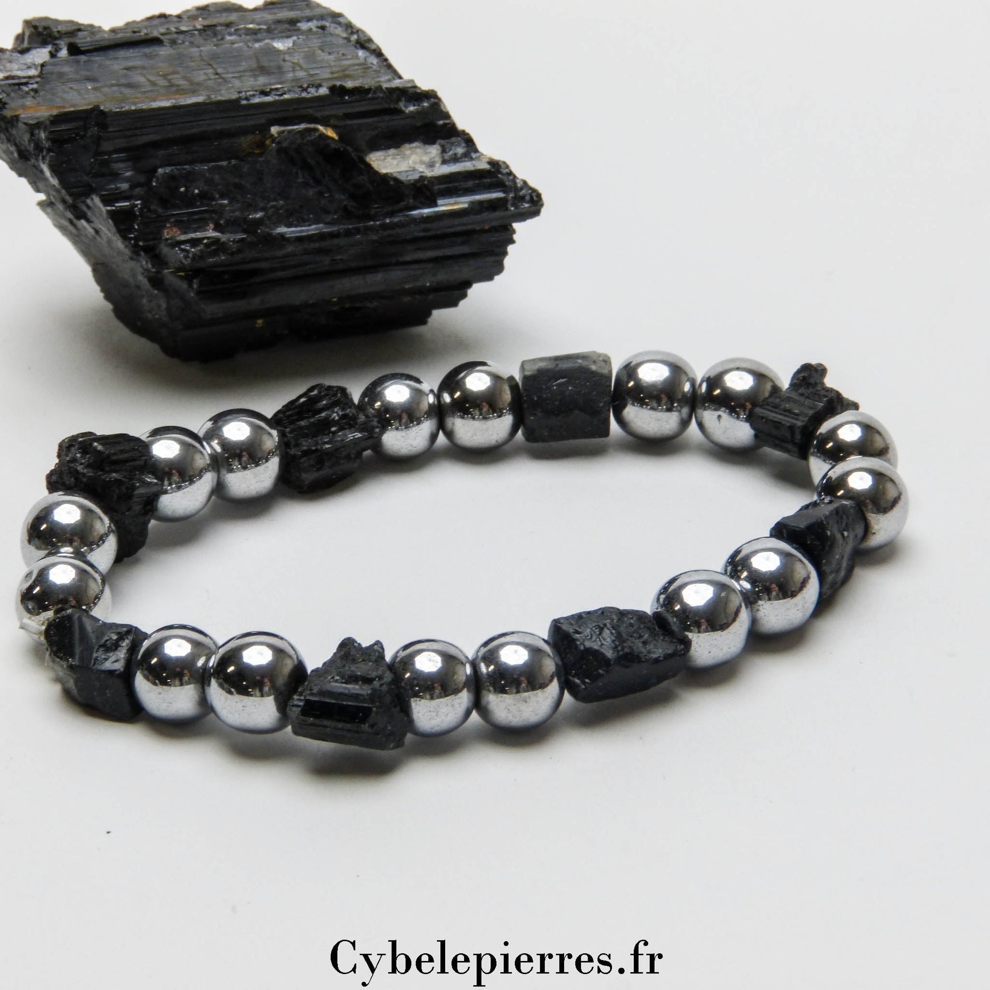Bracelet Hématite teintée et Tourmaline brute (8mm) - 17cm | Protection et Ancrage - Cybele Pierres