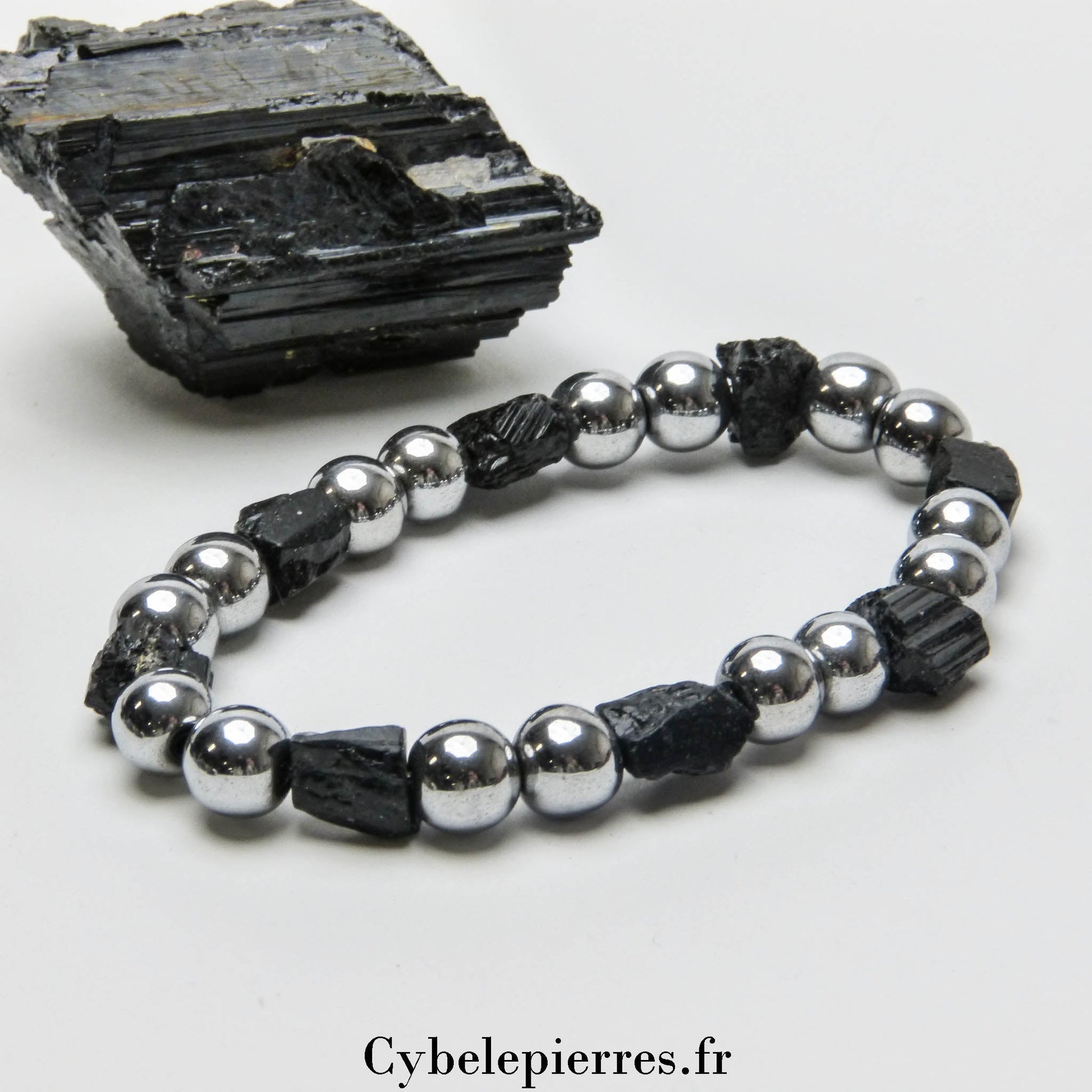 Bracelet Hématite teintée et Tourmaline brute (8mm) - 17cm | Protection et Ancrage - Cybele Pierres