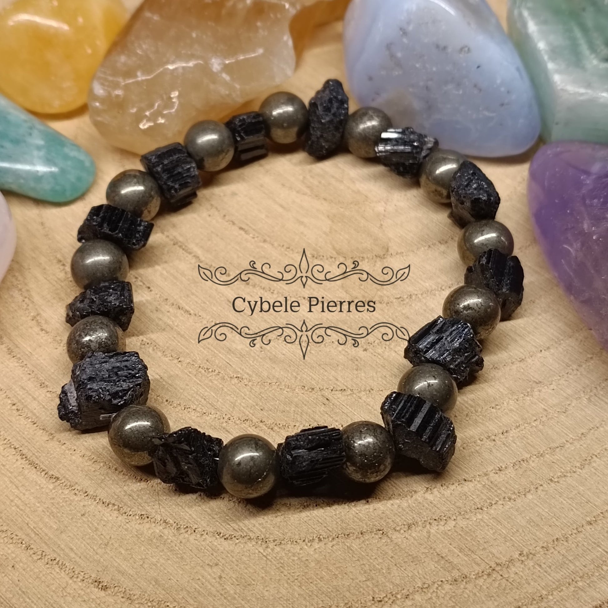 Bracelet Homme Odin - Tourmaline brute et Pyrite (8mm) - 19cm - Cybele Pierres