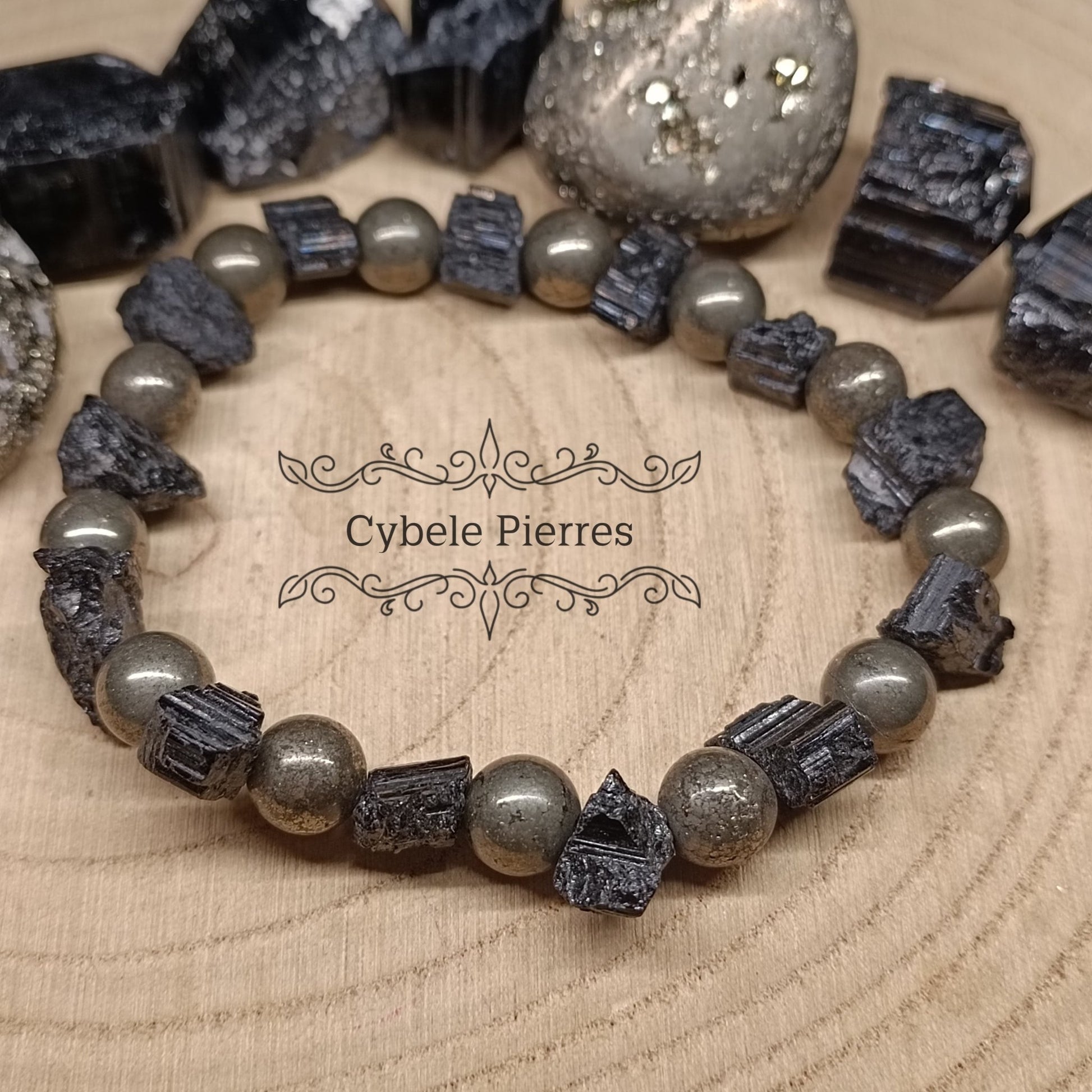 Bracelet Homme Odin - Tourmaline brute et Pyrite (8mm) - 19cm - Cybele Pierres
