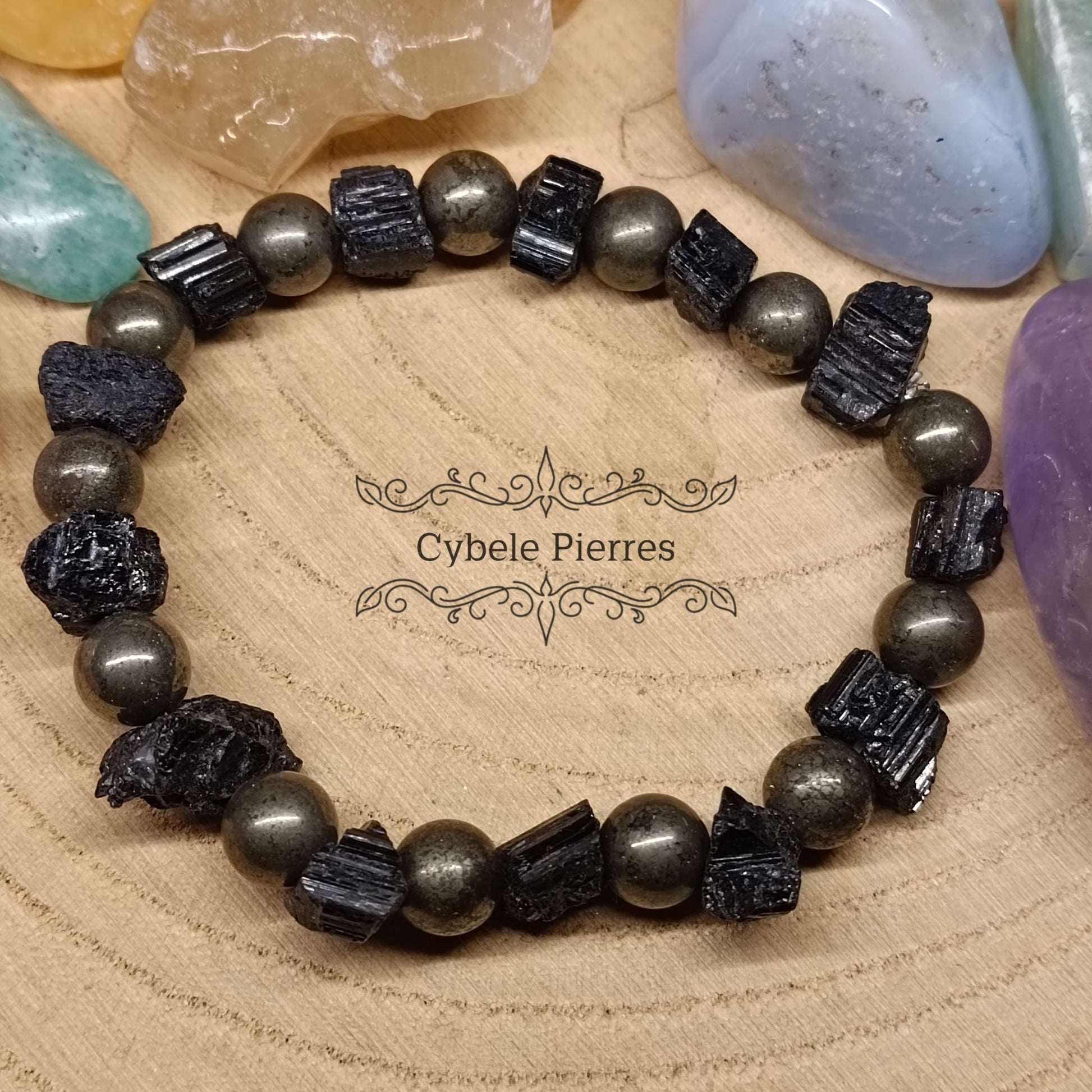 Bracelet Homme Odin - Tourmaline brute et Pyrite (8mm) - 19cm - Cybele Pierres