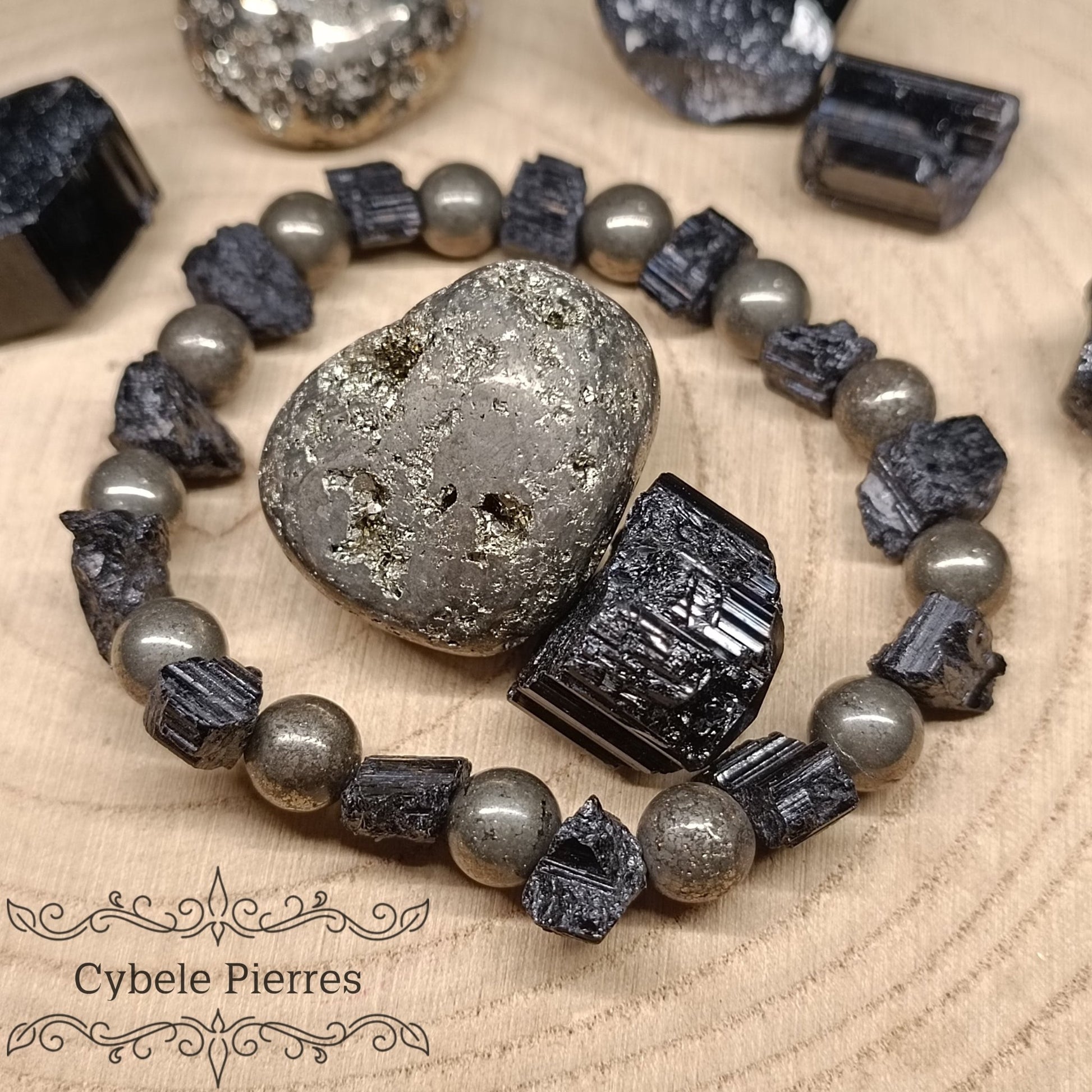 Bracelet Homme Odin - Tourmaline brute et Pyrite (8mm) - 19cm - Cybele Pierres