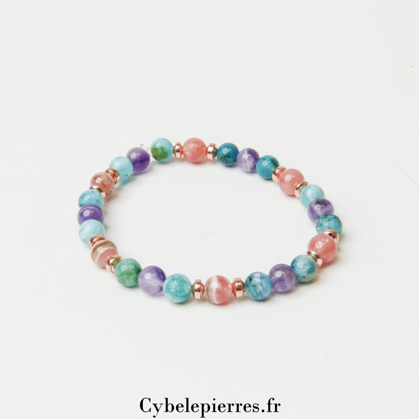 Bracelet Horizon Intérieur – Apatite Bleue, Rhodochrosite et Améthyste (6mm) – 18cm | Expression et Harmonie - Cybele Pierres