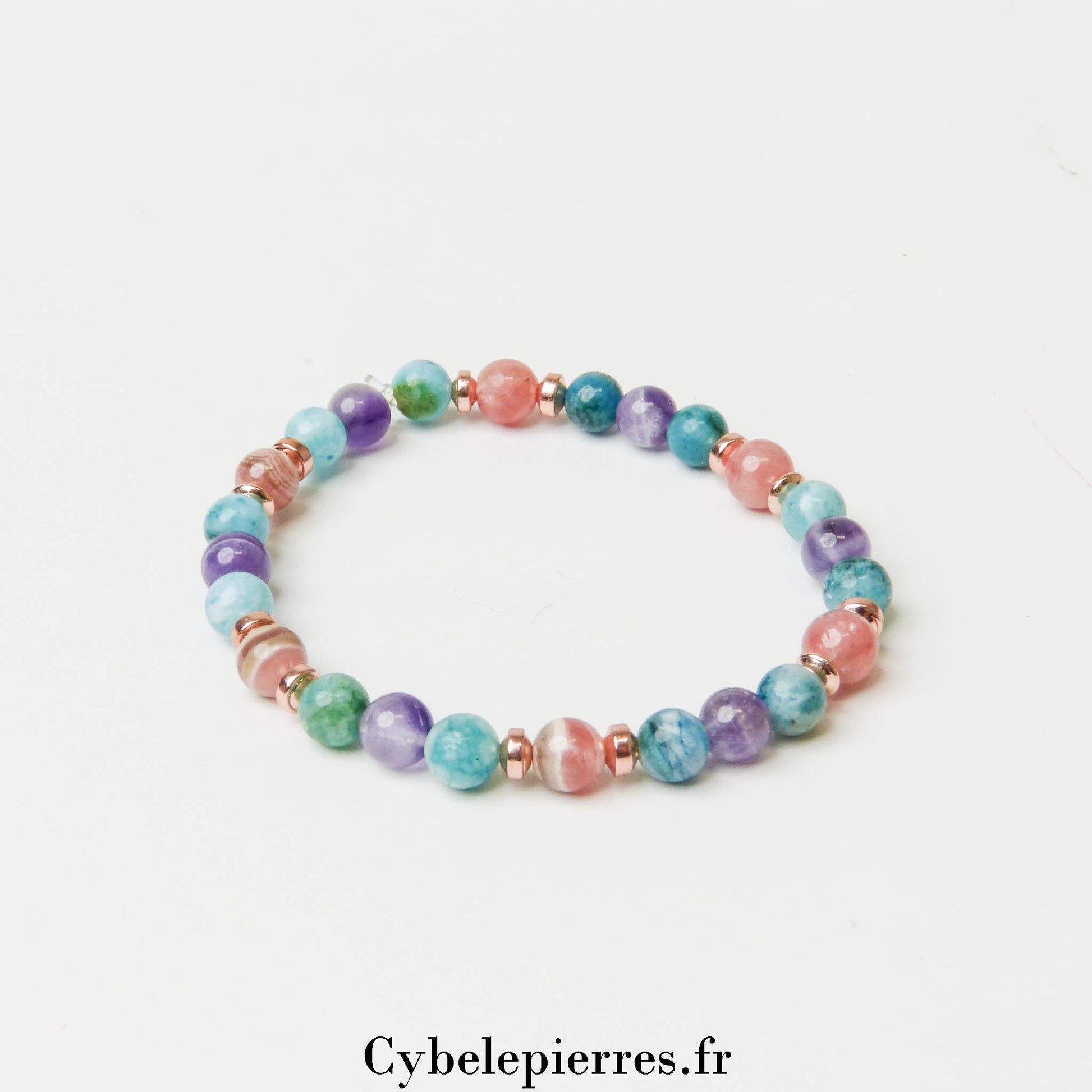 Bracelet Horizon Intérieur – Apatite Bleue, Rhodochrosite et Améthyste (6mm) – 18cm | Expression et Harmonie - Cybele Pierres