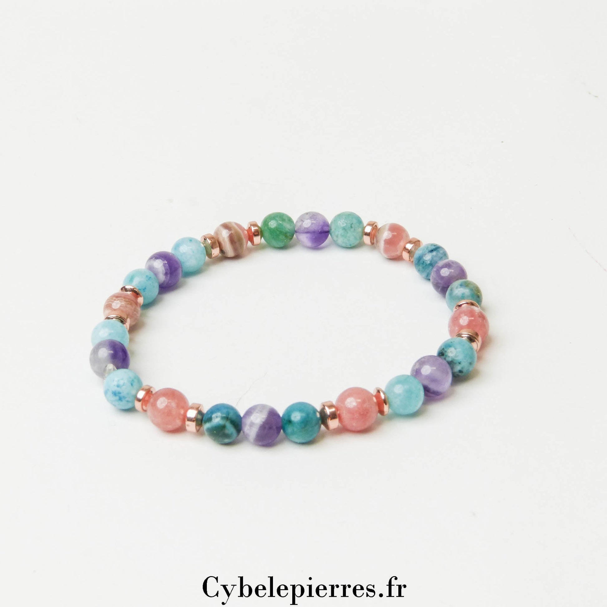 Bracelet Horizon Intérieur – Apatite Bleue, Rhodochrosite et Améthyste (6mm) – 18cm | Expression et Harmonie - Cybele Pierres