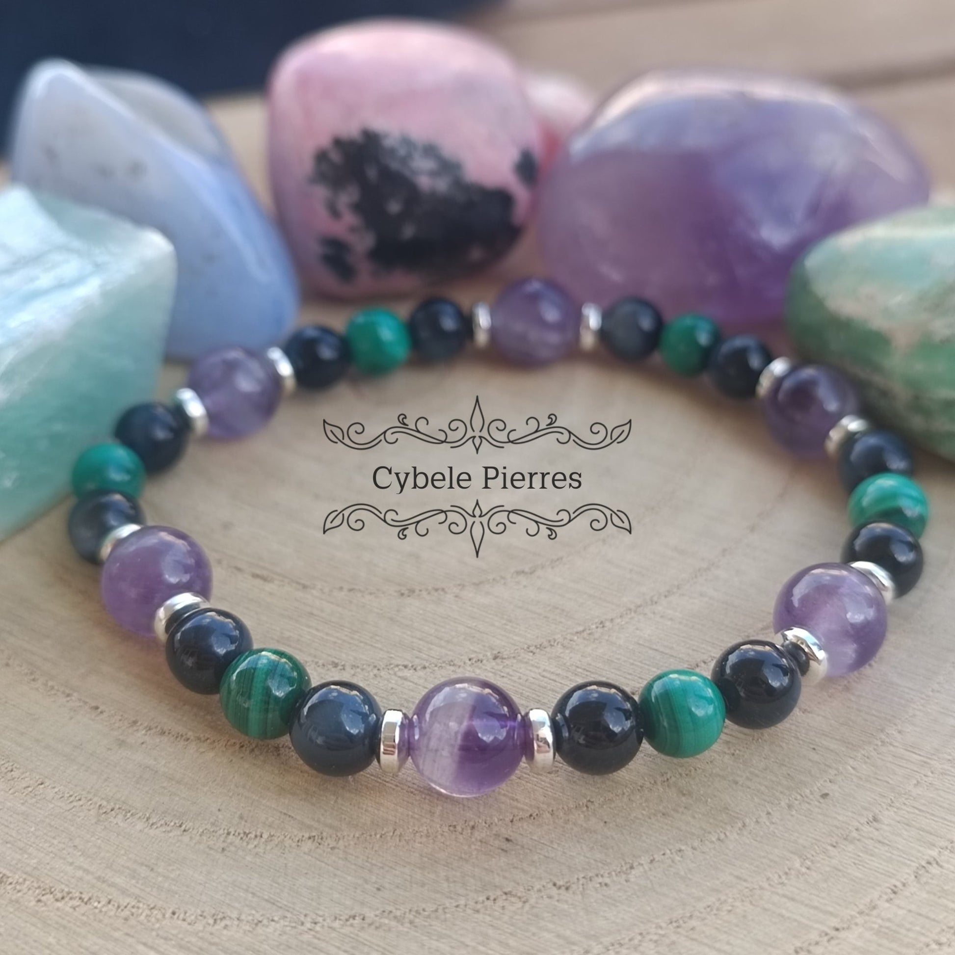 Bracelet Influence - Oeil de faucon, Améthyste et Malachite (6 et 8mm) - 18cm - Cybele Pierres