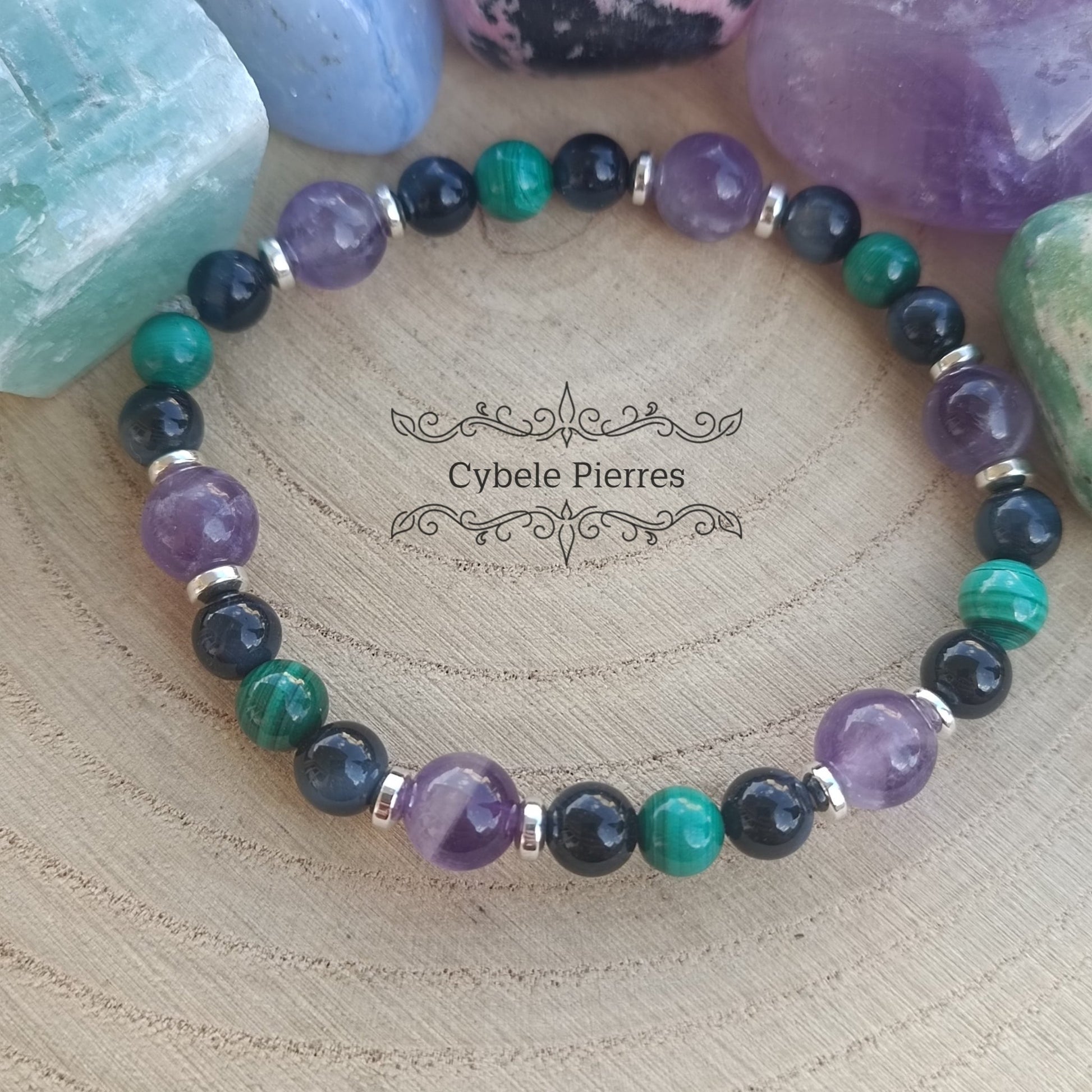Bracelet Influence - Oeil de faucon, Améthyste et Malachite (6 et 8mm) - 18cm - Cybele Pierres