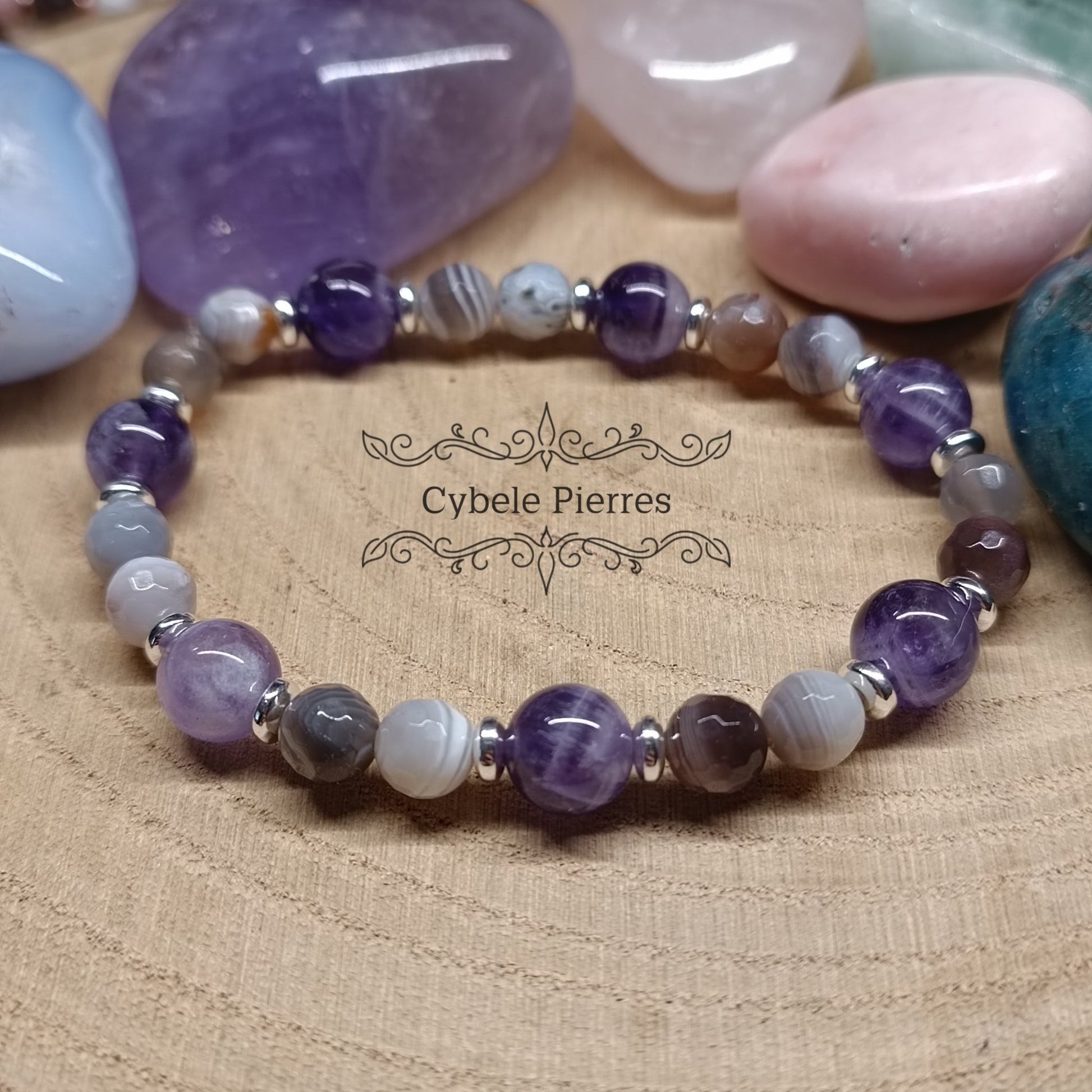 Bracelet "Instrospection" - Améthyste et Agate Rubanée (6 et 8mm) - 18cm - Cybele Pierres