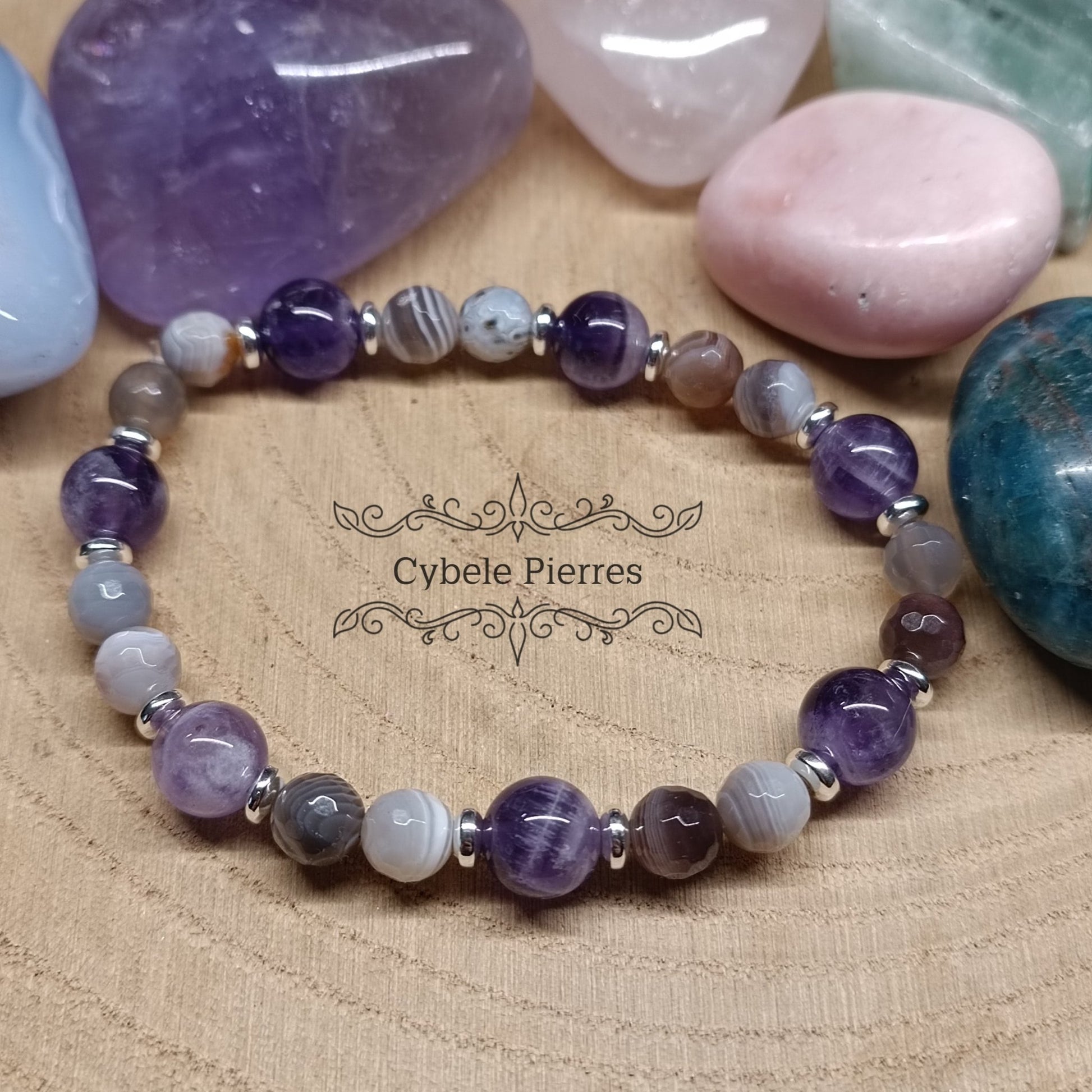 Bracelet "Instrospection" - Améthyste et Agate Rubanée (6 et 8mm) - 18cm - Cybele Pierres