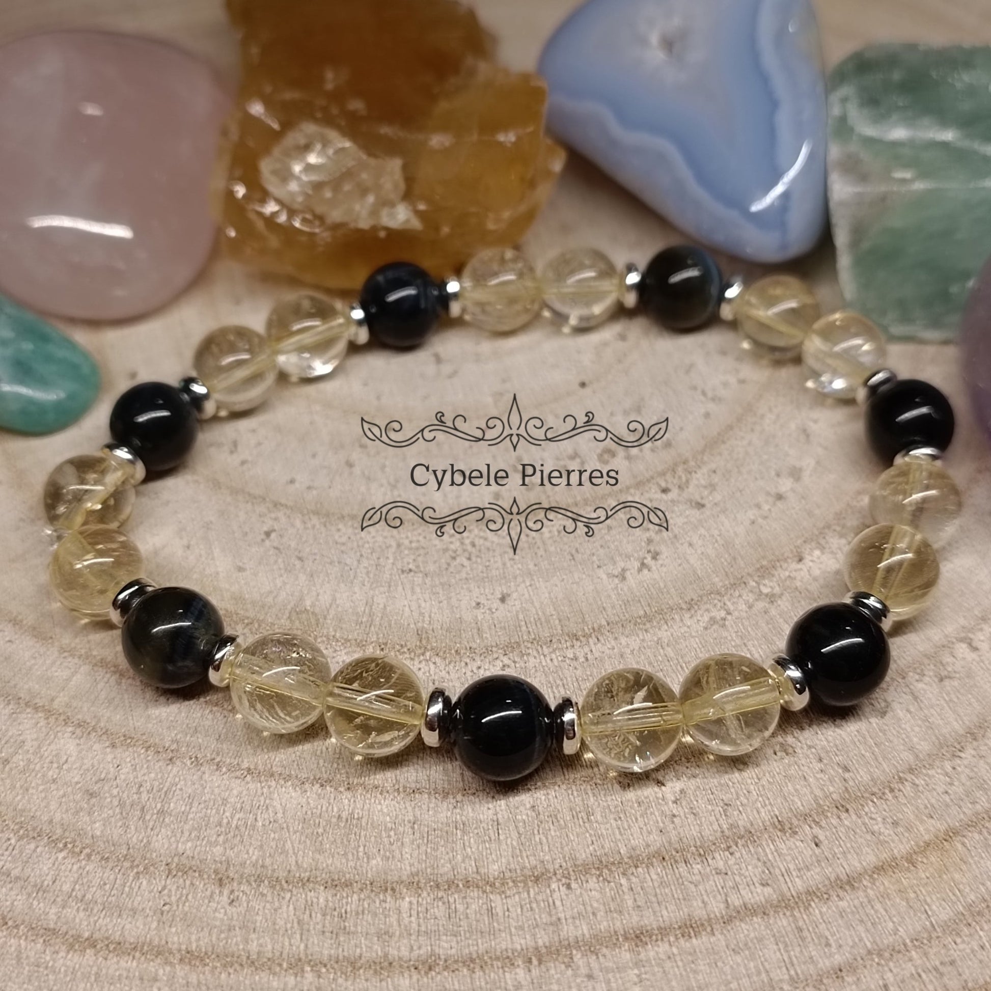 Bracelet Intuition et Chance - Citrine et Oeil de faucon (8mm) - 19cm - Cybele Pierres