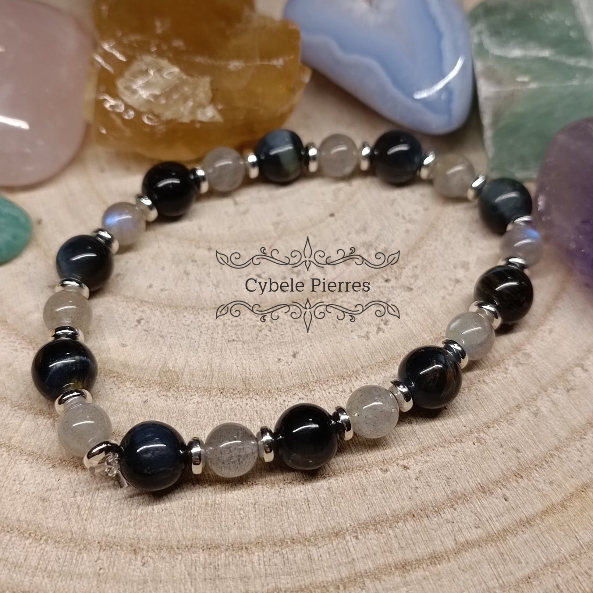 Bracelet Intuition et protection - Labradorite, oeil de faucon (6 et 8mm) - 18cm - Cybele Pierres