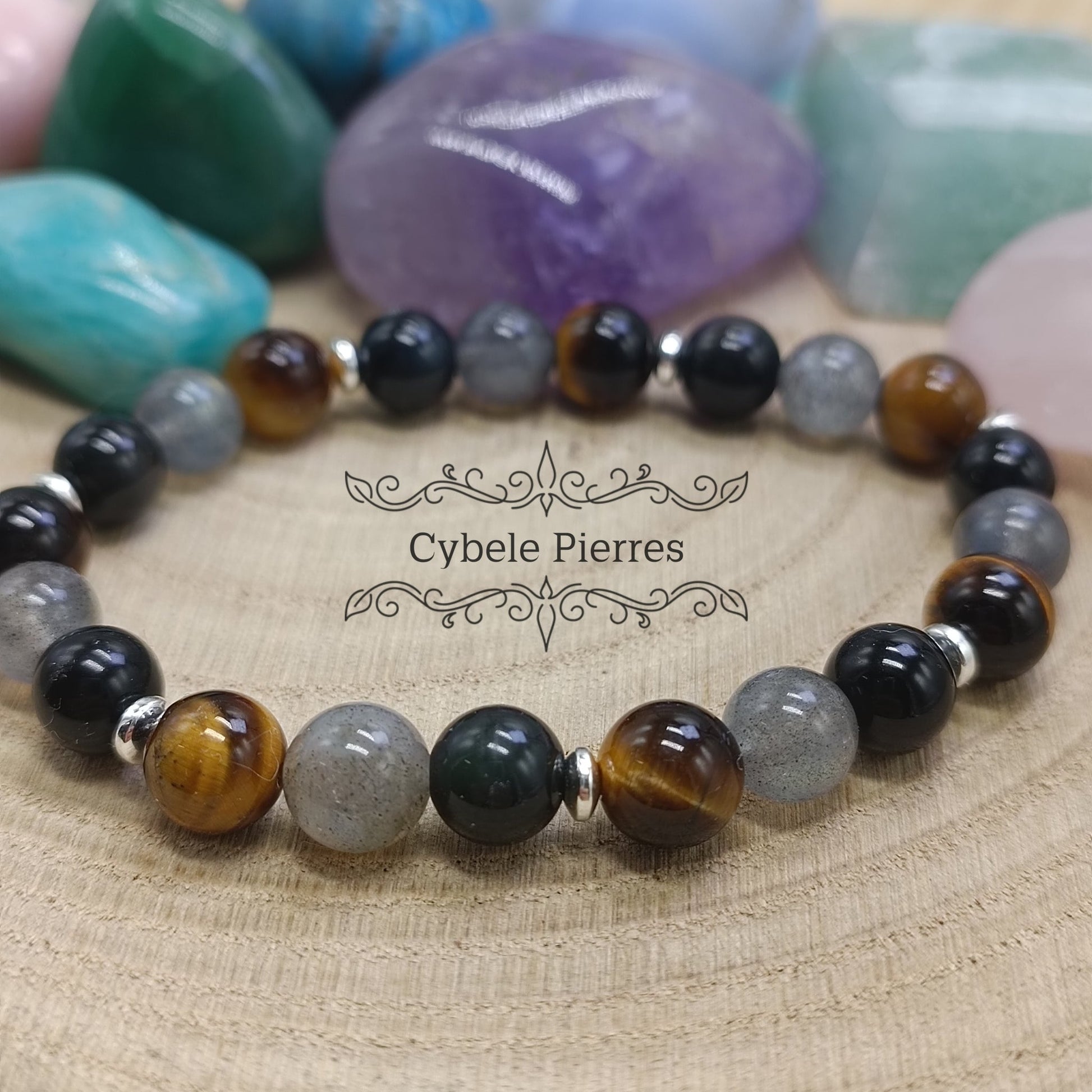 Bracelet "Je me protège" - Obsidienne Oeil de celeste, Oeil de tigre et Labradorite (6 et 8mm) - 18cm - Cybele Pierres