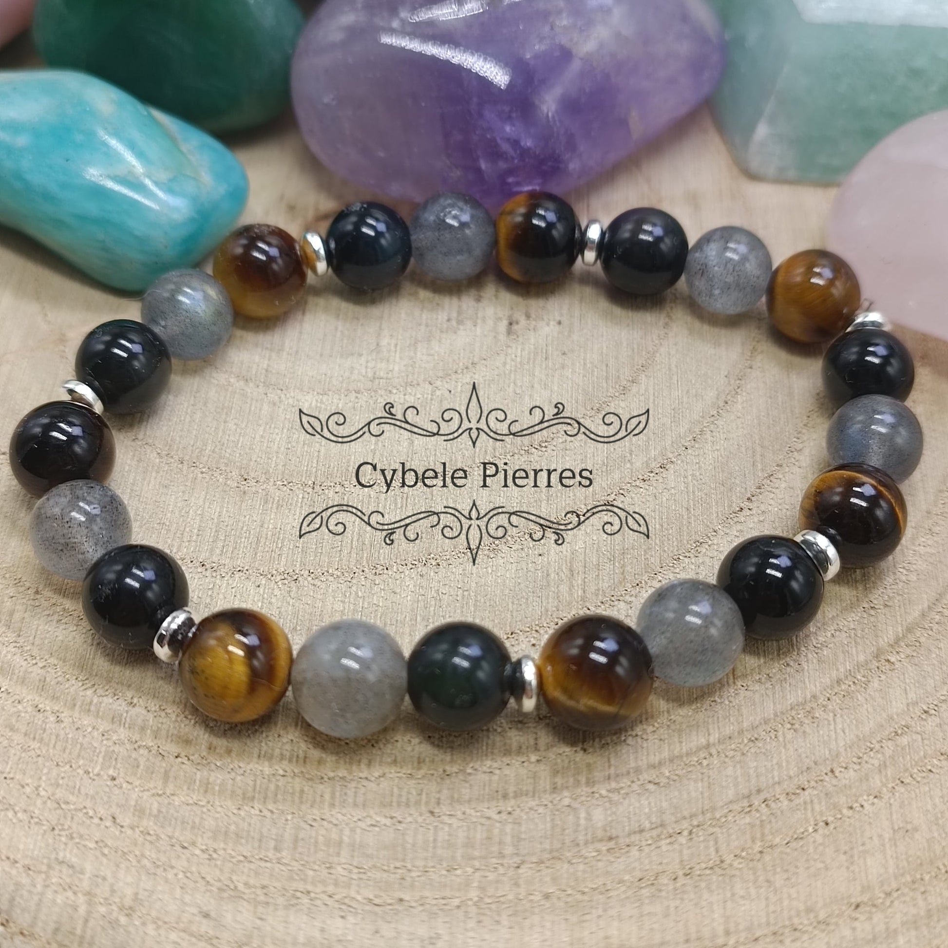 Bracelet "Je me protège" - Obsidienne Oeil de celeste, Oeil de tigre et Labradorite (6 et 8mm) - 18cm - Cybele Pierres