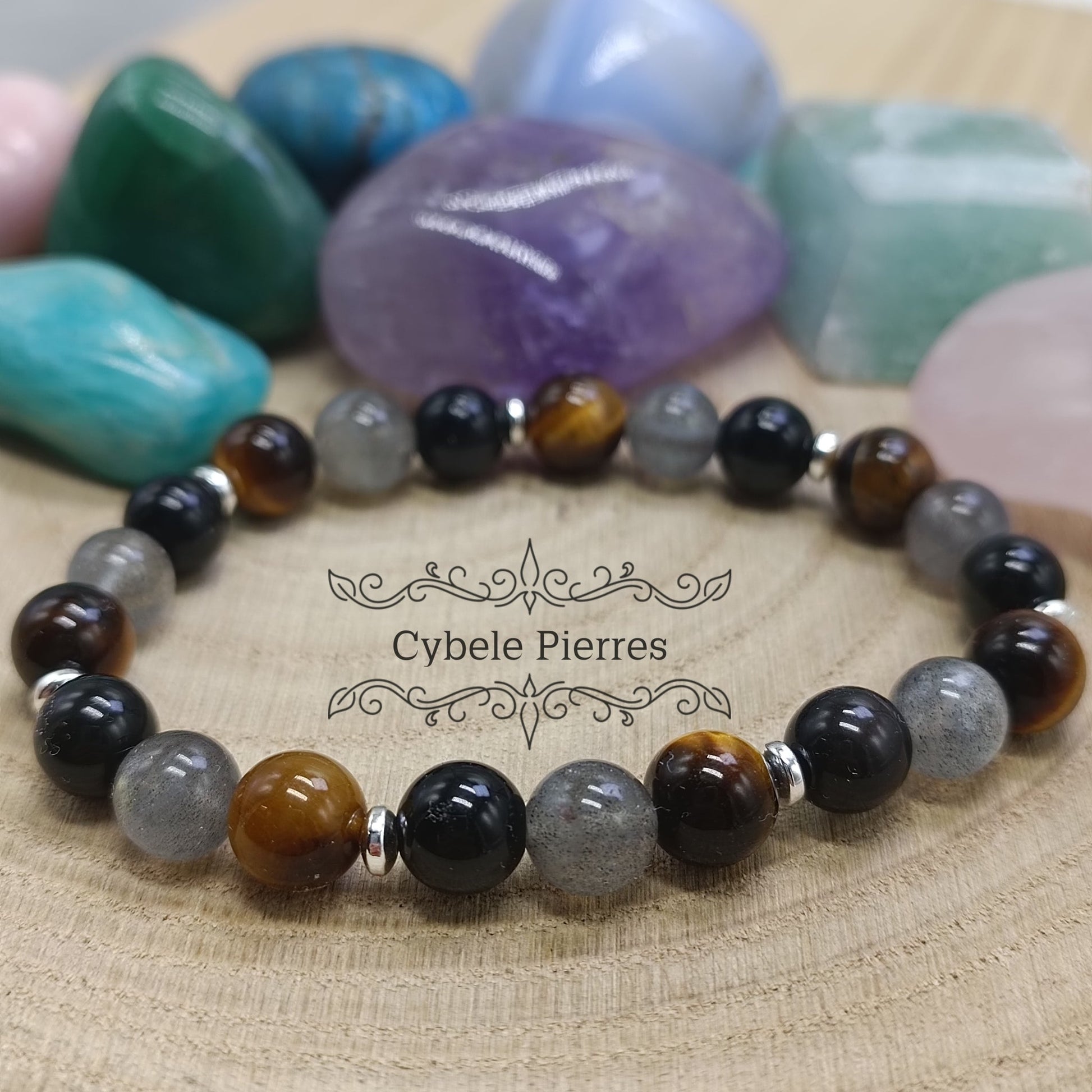 Bracelet "Je me protège" - Obsidienne Oeil de celeste, Oeil de tigre et Labradorite (6 et 8mm) - 18cm - Cybele Pierres