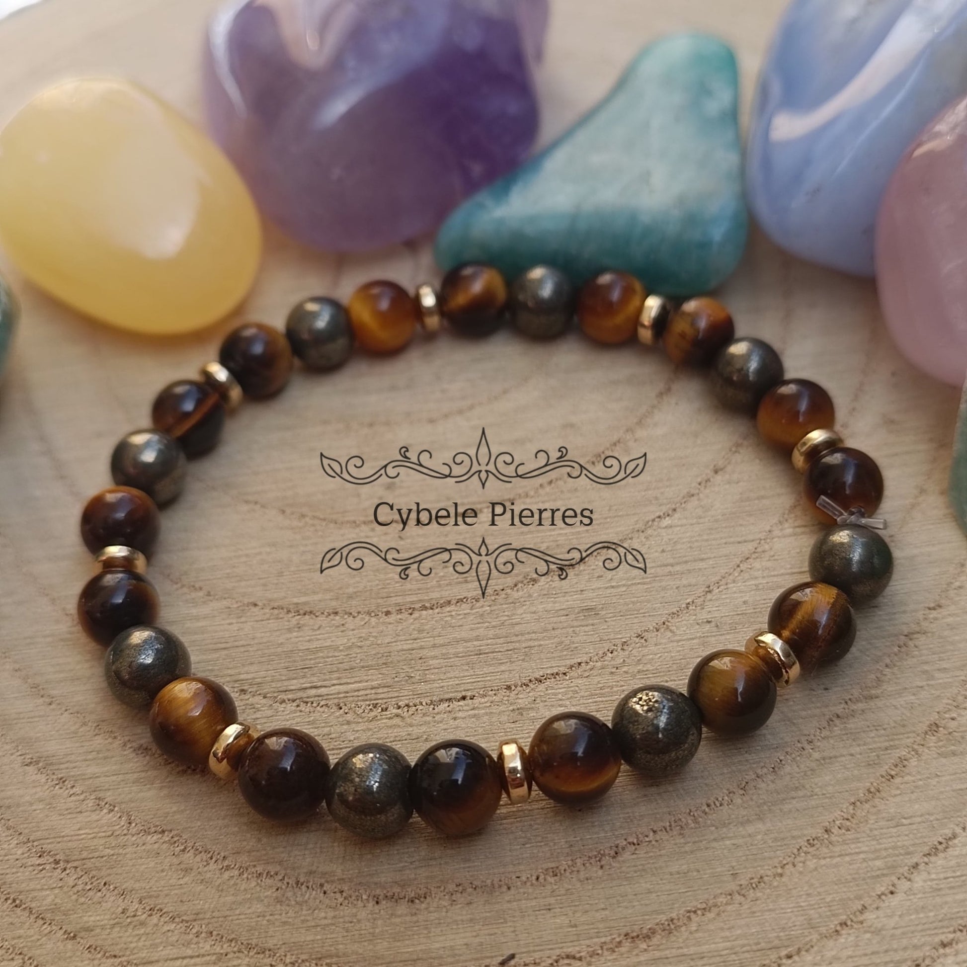 Bracelet "Je vais y arriver/ Projets" - Oeil de tigre et Pyrite (6mm) - 17cm - Cybele Pierres