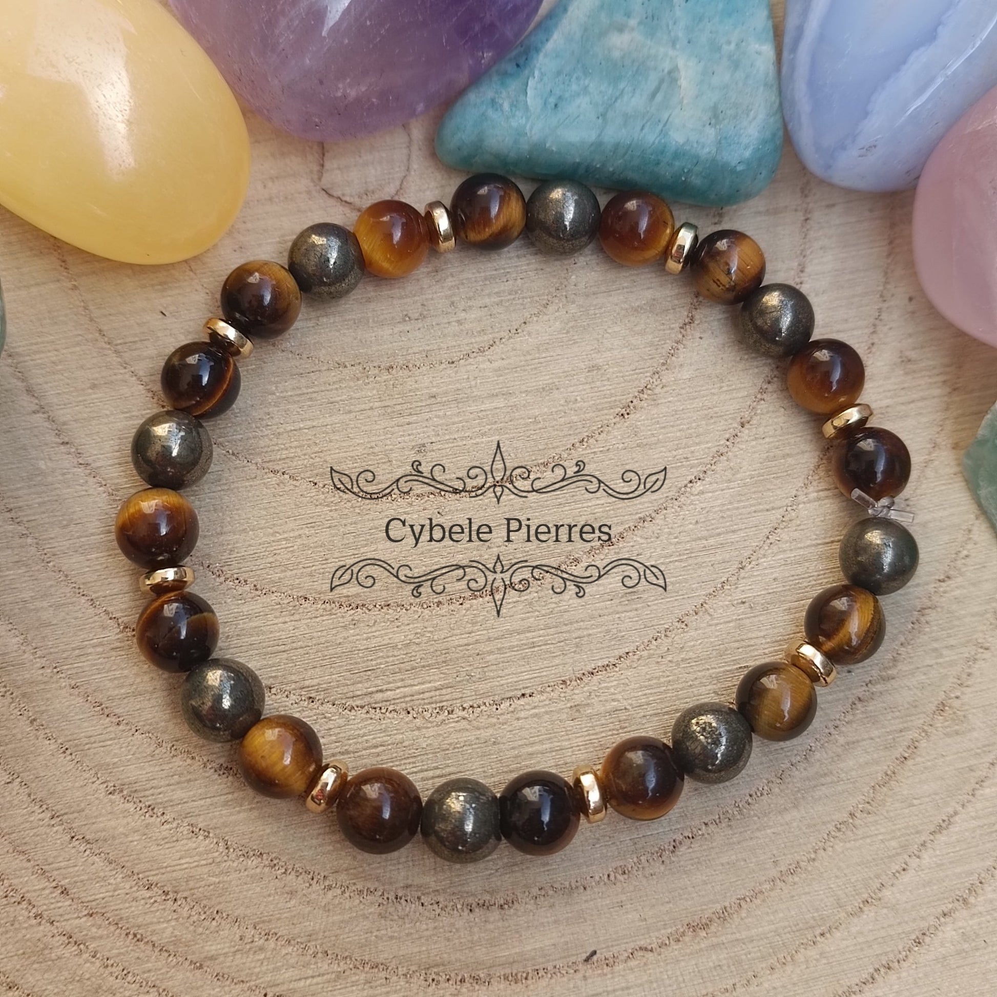 Bracelet "Je vais y arriver/ Projets" - Oeil de tigre et Pyrite (6mm) - 17cm - Cybele Pierres