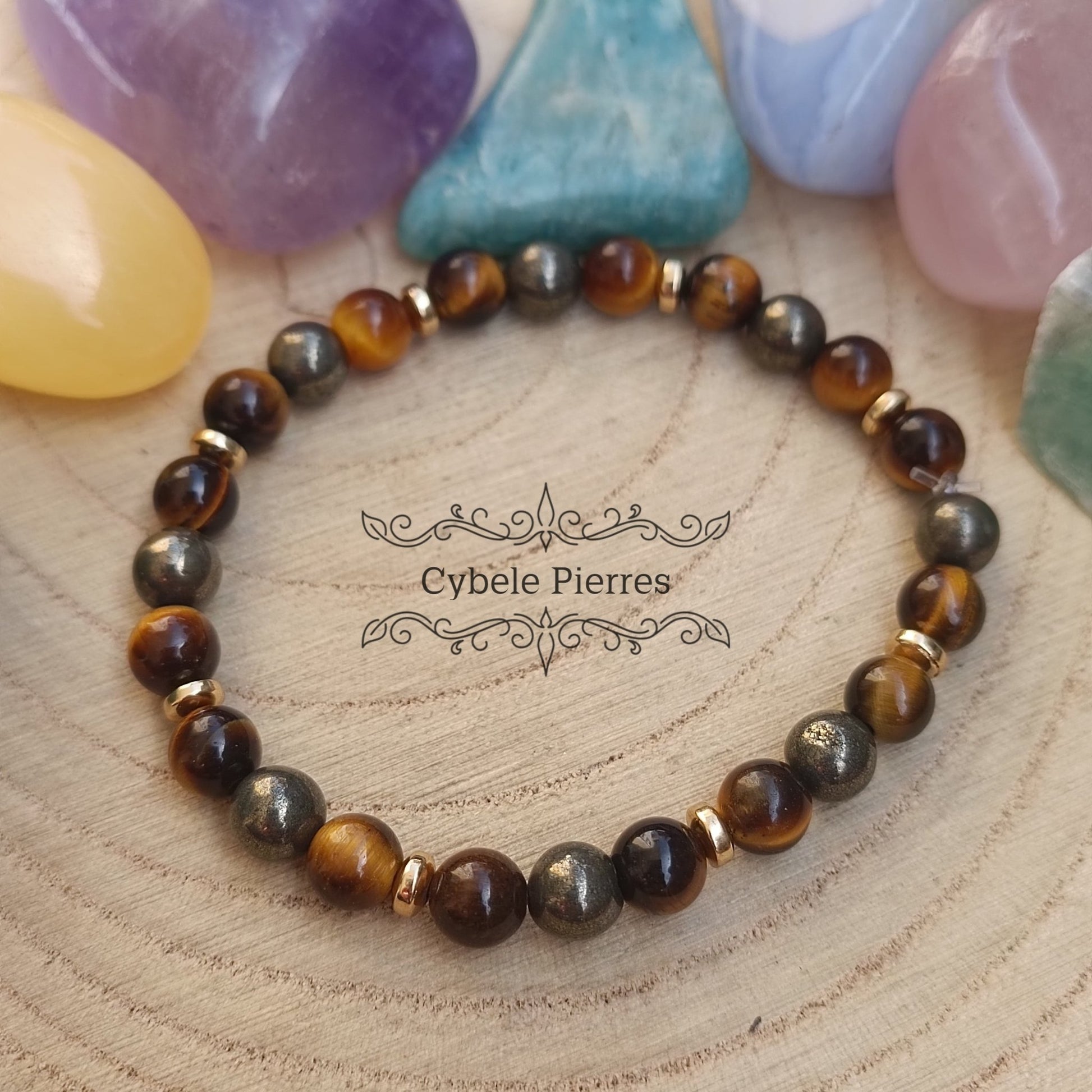 Bracelet "Je vais y arriver/ Projets" - Oeil de tigre et Pyrite (6mm) - 17cm - Cybele Pierres