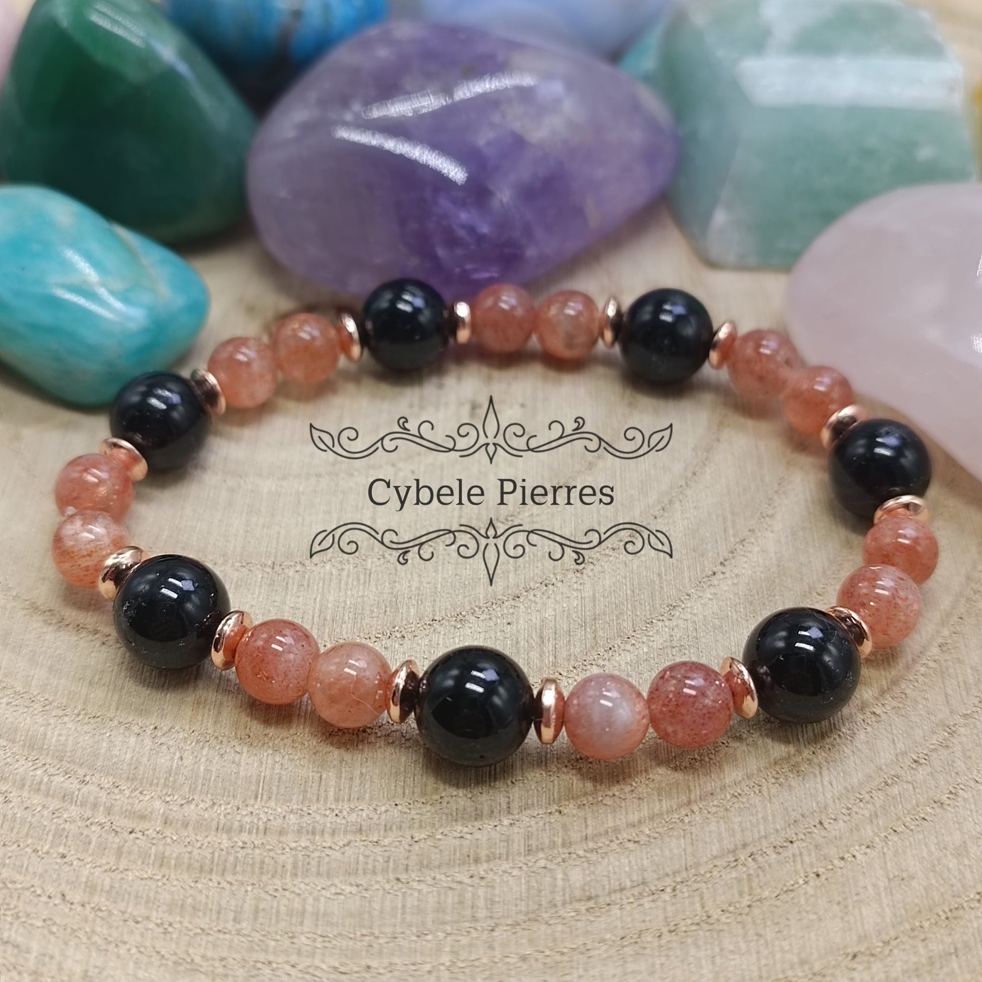 Bracelet Joie Ancrée - Pierre de soleil et Tourmaline (6 et 8mm) - 18cm - Cybele Pierres