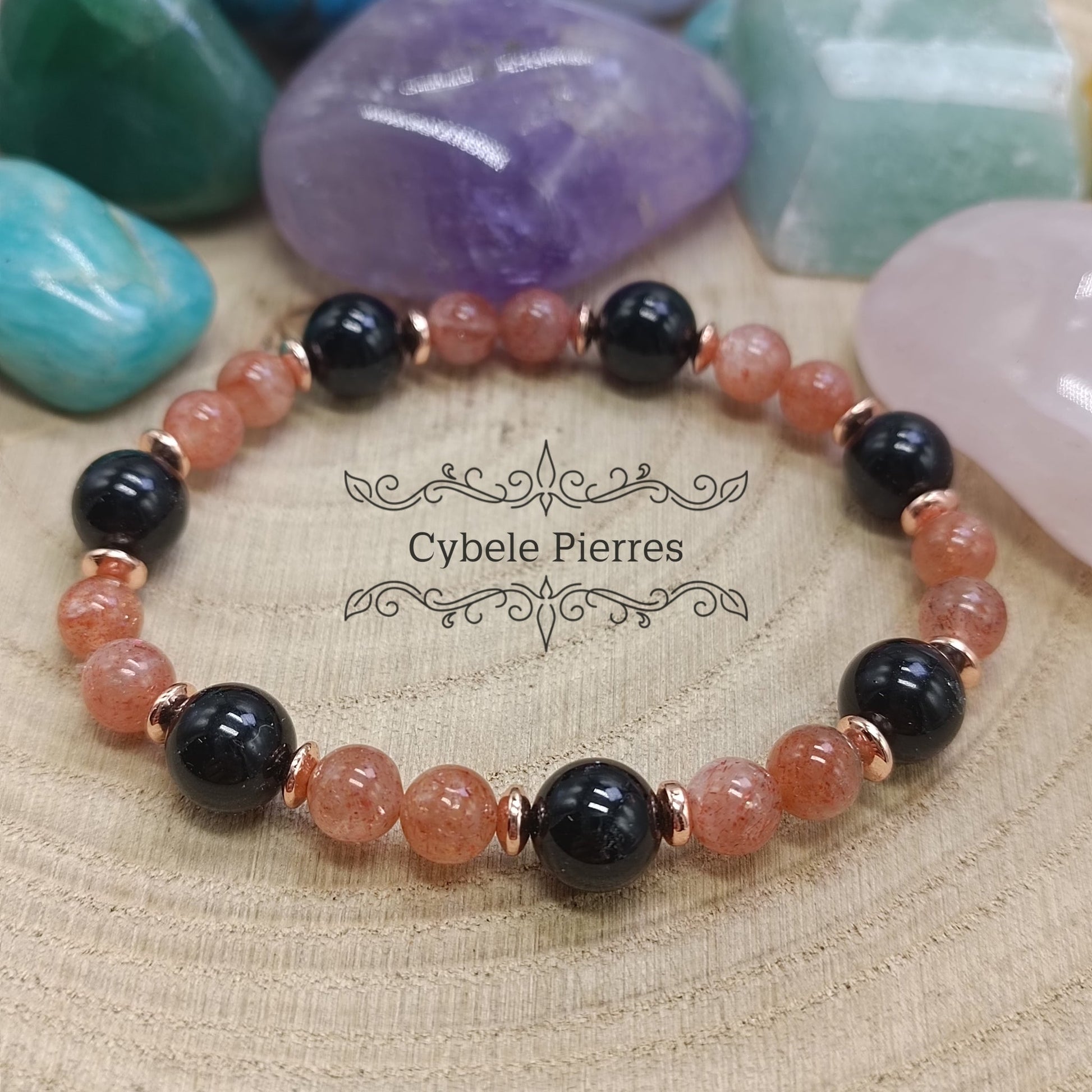 Bracelet Joie Ancrée - Pierre de soleil et Tourmaline (6 et 8mm) - 18cm - Cybele Pierres