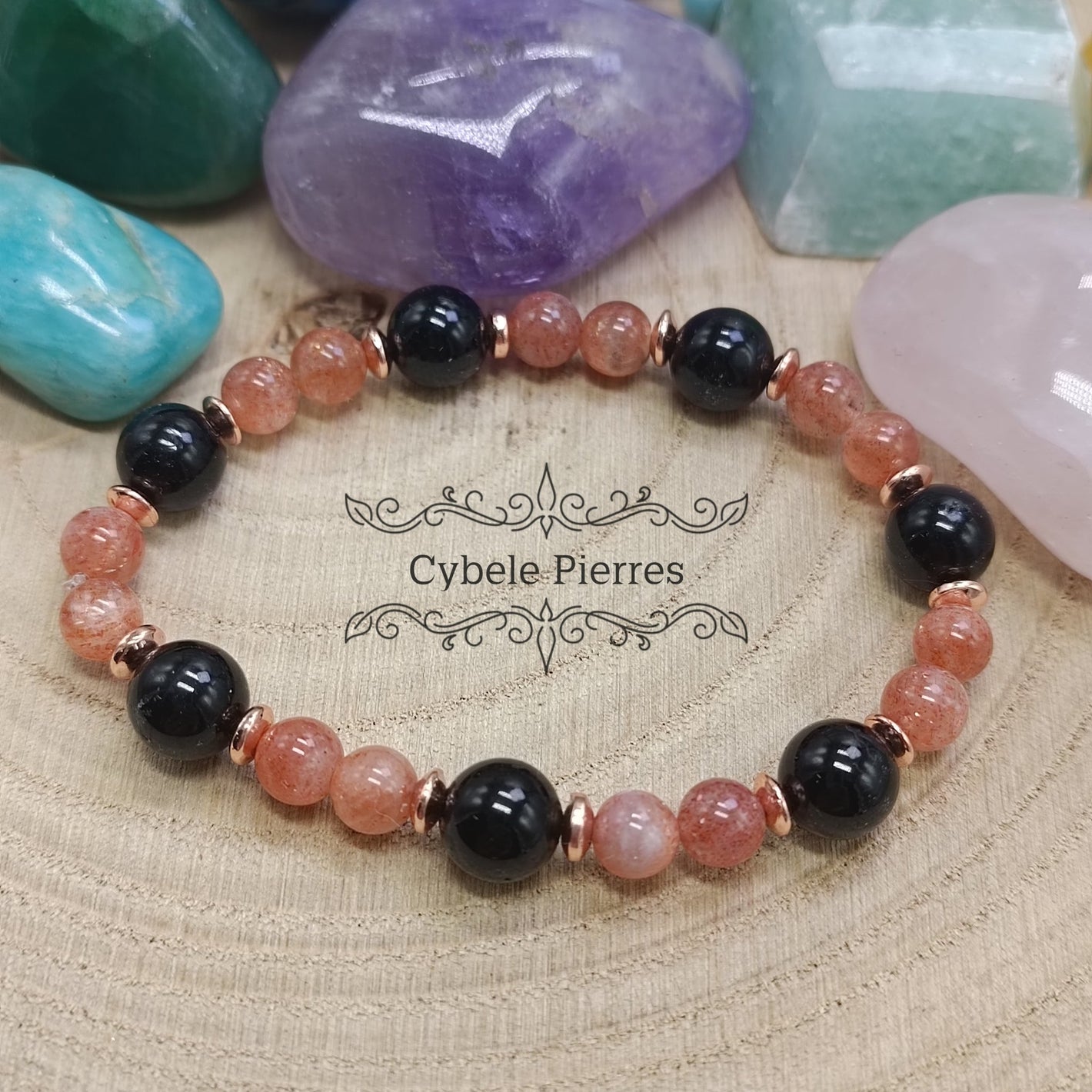 Bracelet Joie Ancrée - Pierre de soleil et Tourmaline (6 et 8mm) - 18cm - Cybele Pierres