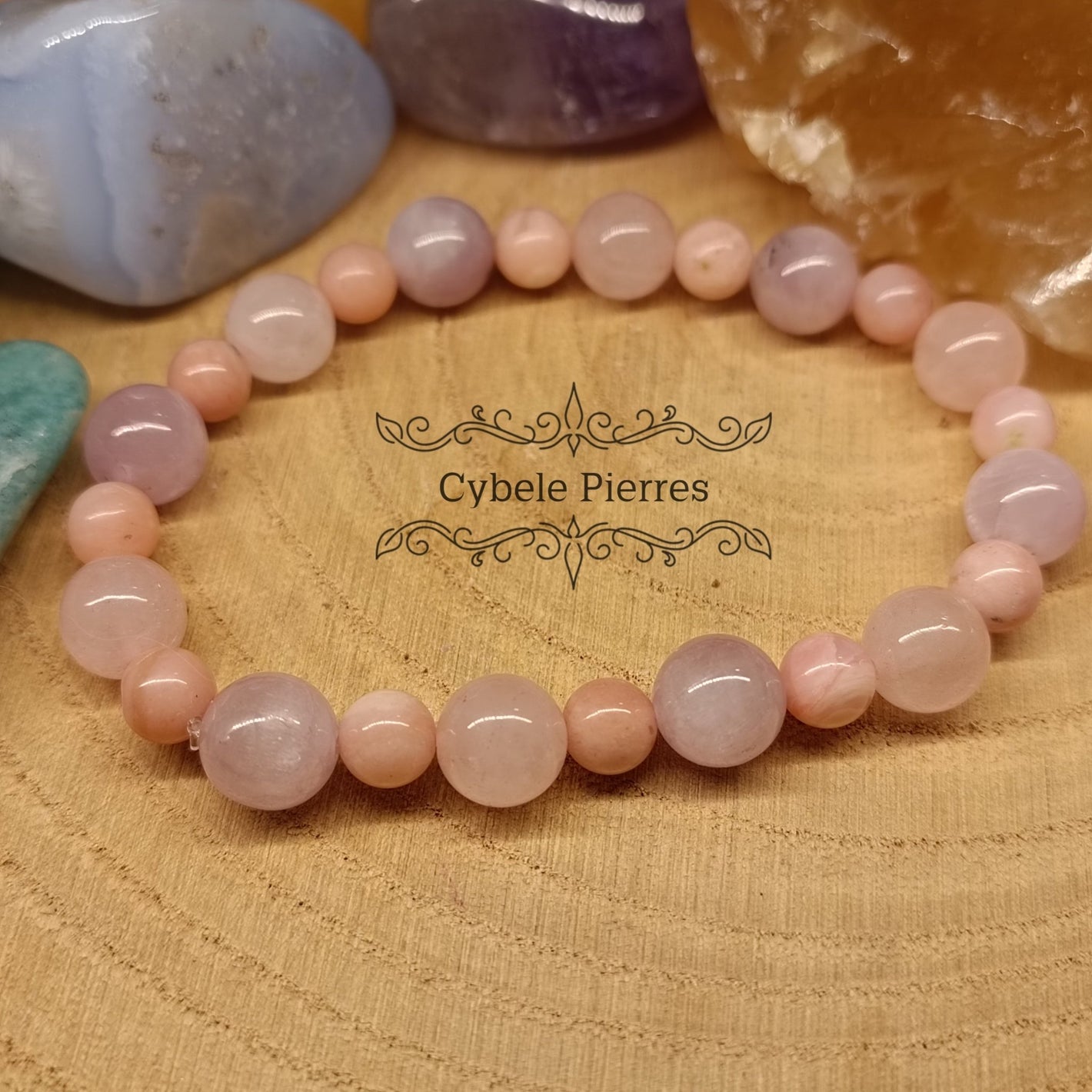 Bracelet Joie de l'amour - Quartz Rose, Kunzite et Opale rose (6 et 8mm) - 18cm - Cybele Pierres