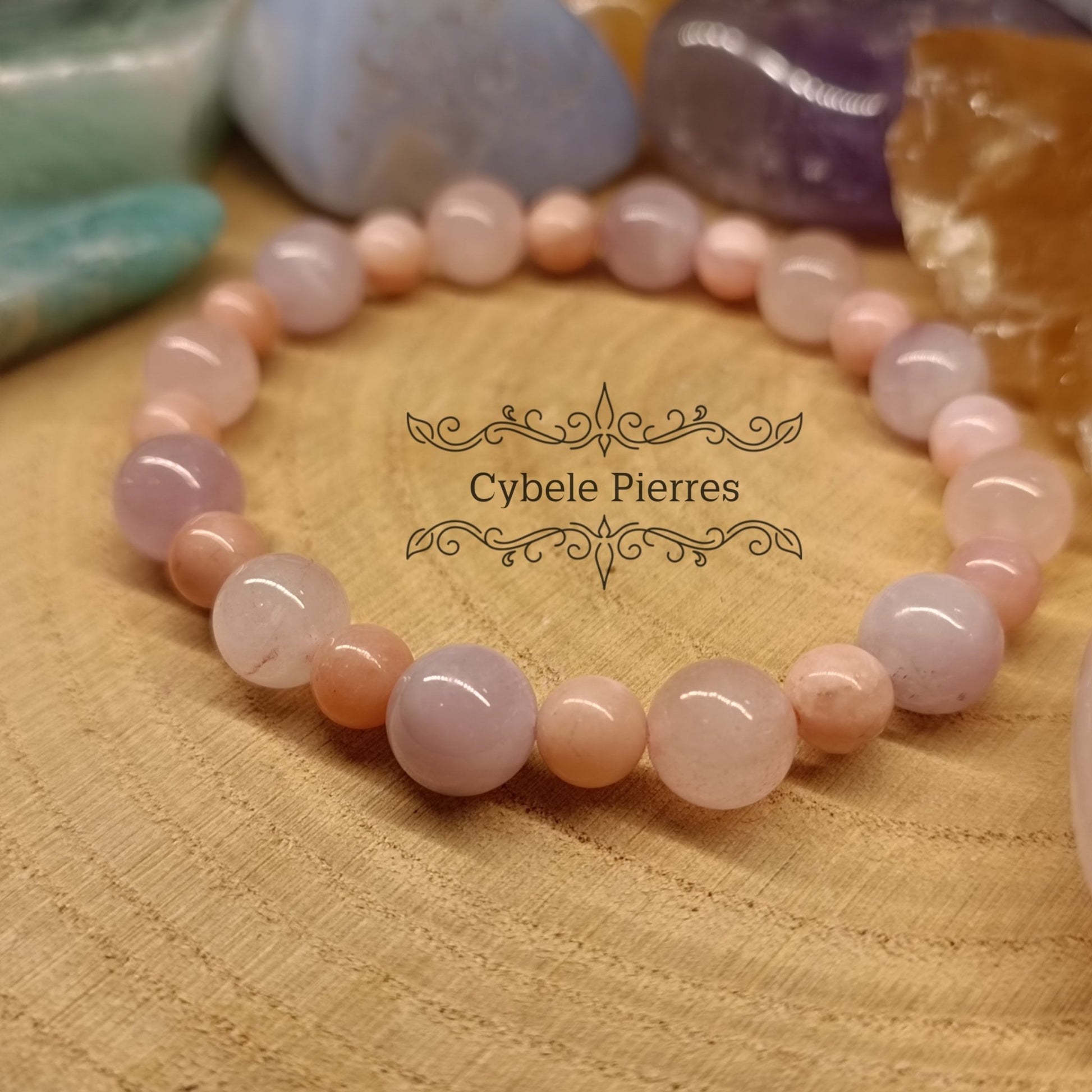 Bracelet Joie de l'amour - Quartz Rose, Kunzite et Opale rose (6 et 8mm) - 18cm - Cybele Pierres