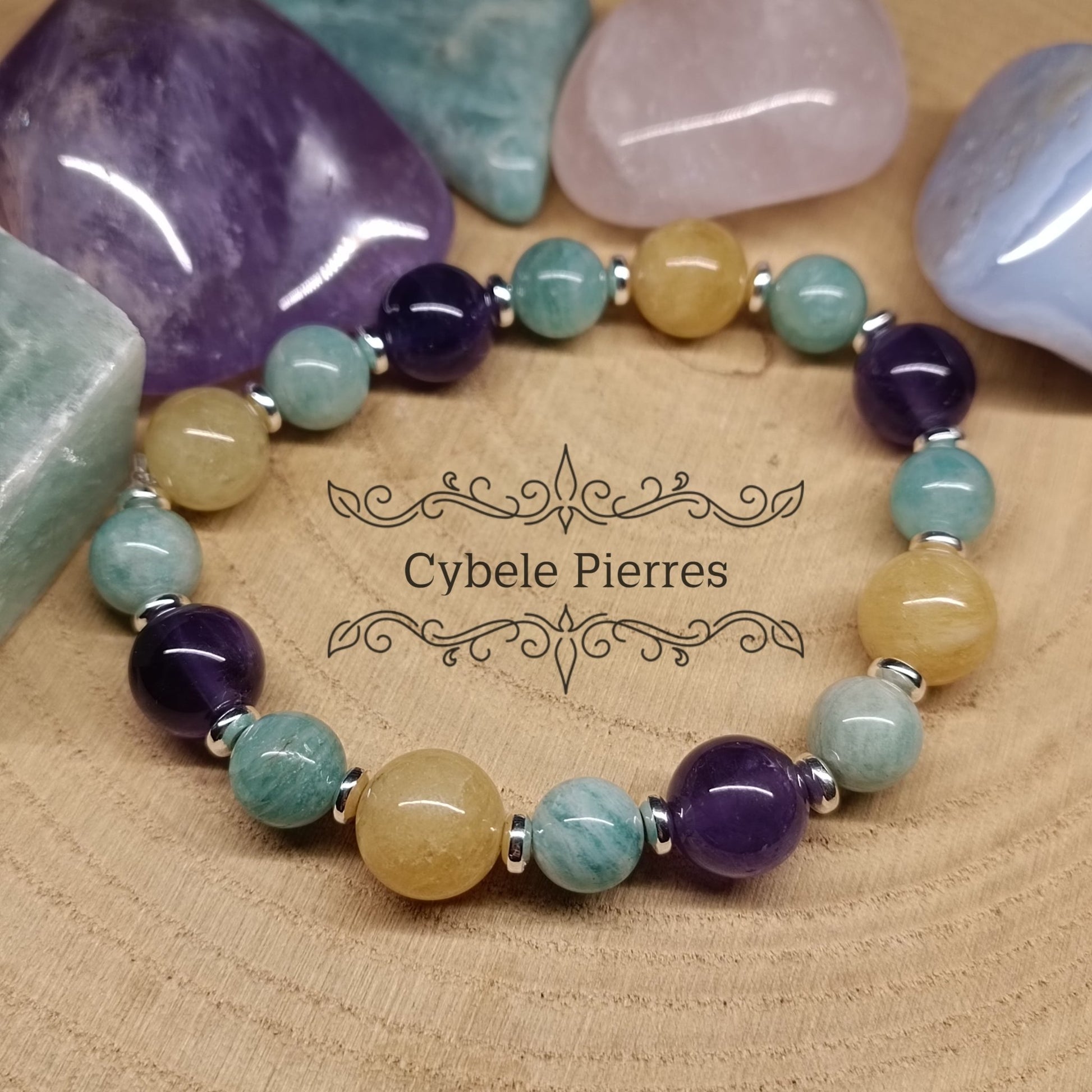 Bracelet Joie d'été - Héliodore, Amazonite et Améthyste (8mm et 10mm) - 18cm - Cybele Pierres
